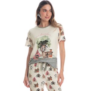 Pijama Feminino Longo Manga Curta Vira Latas