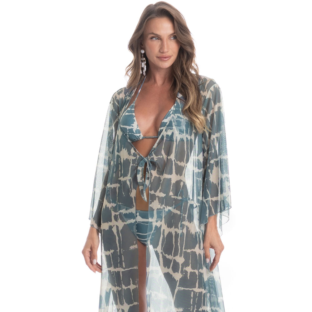 Kaftan De Tule Com Manga Salina Azul - Imagem 1