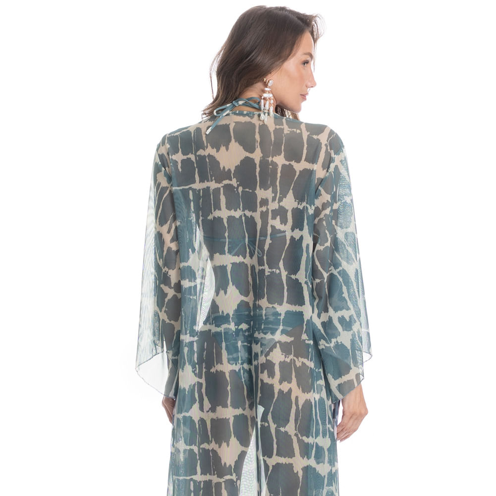 Kaftan De Tule Com Manga Salina Azul - Imagem 2