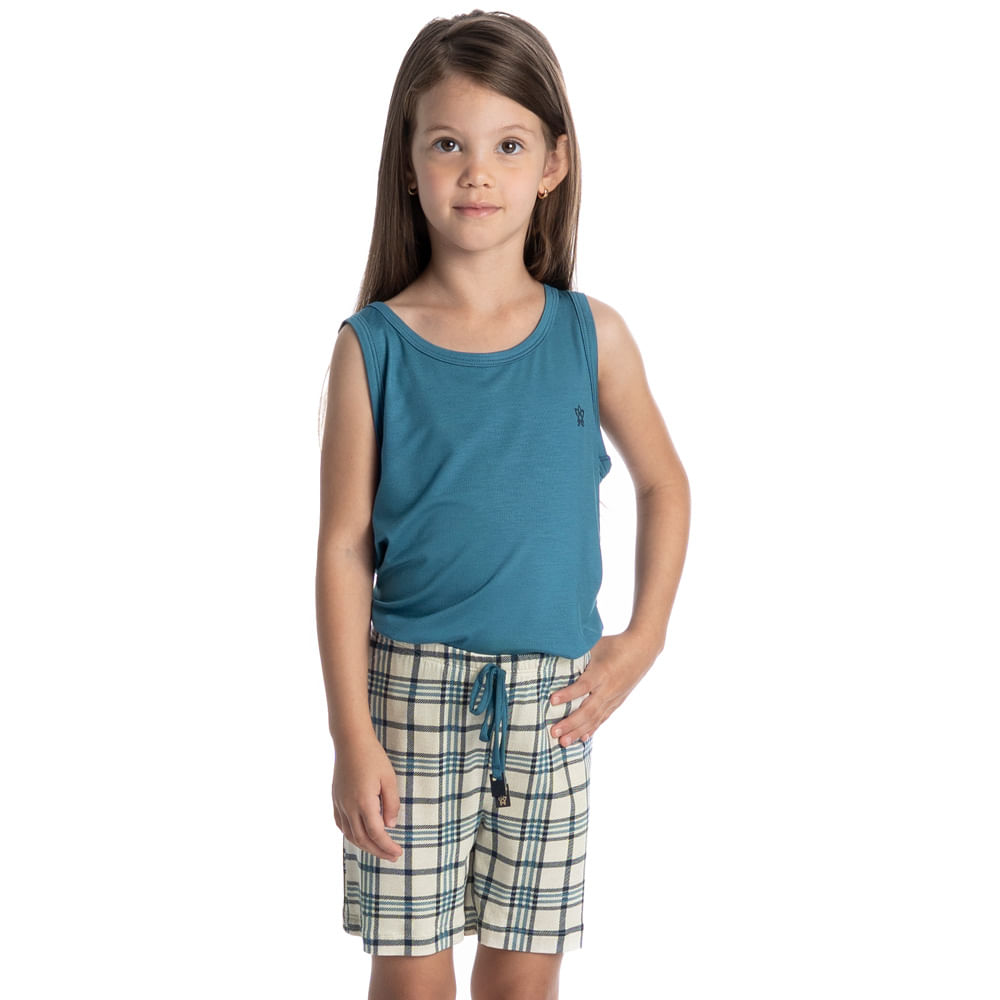 Pijama Feminino Infantil Curto Regata Chess Azul-2 - Imagem 1