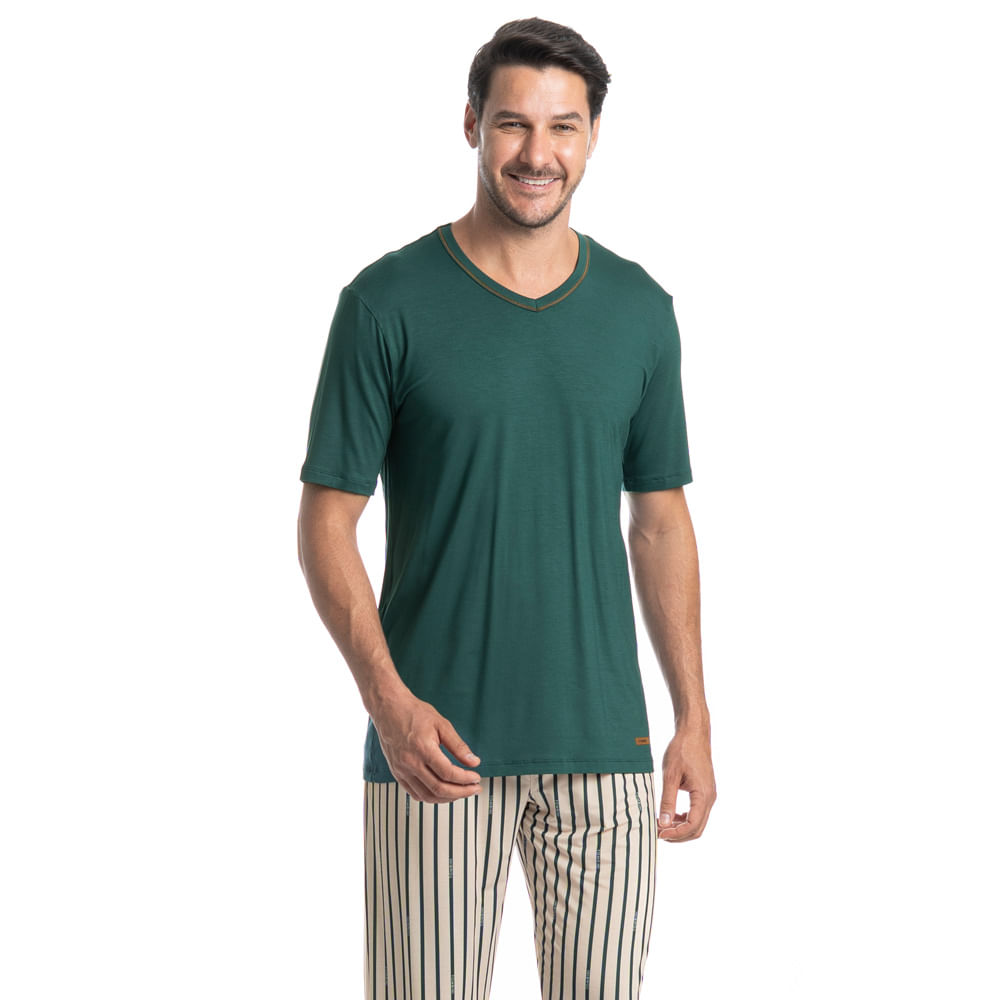 Pijama Masculino Longo Manga Curta Tombini Verde - Imagem 1