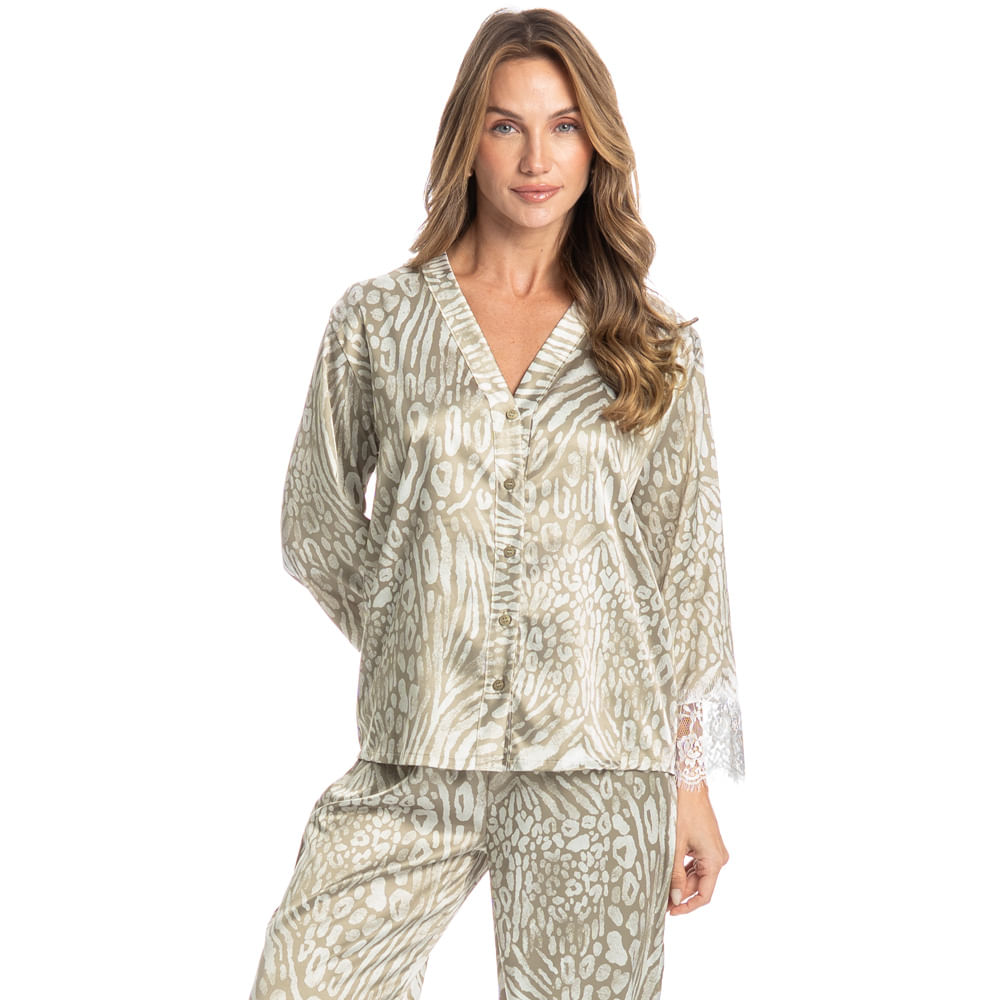 Pijama Feminino Longo Americano Com Renda Leona Verde - Imagem 1