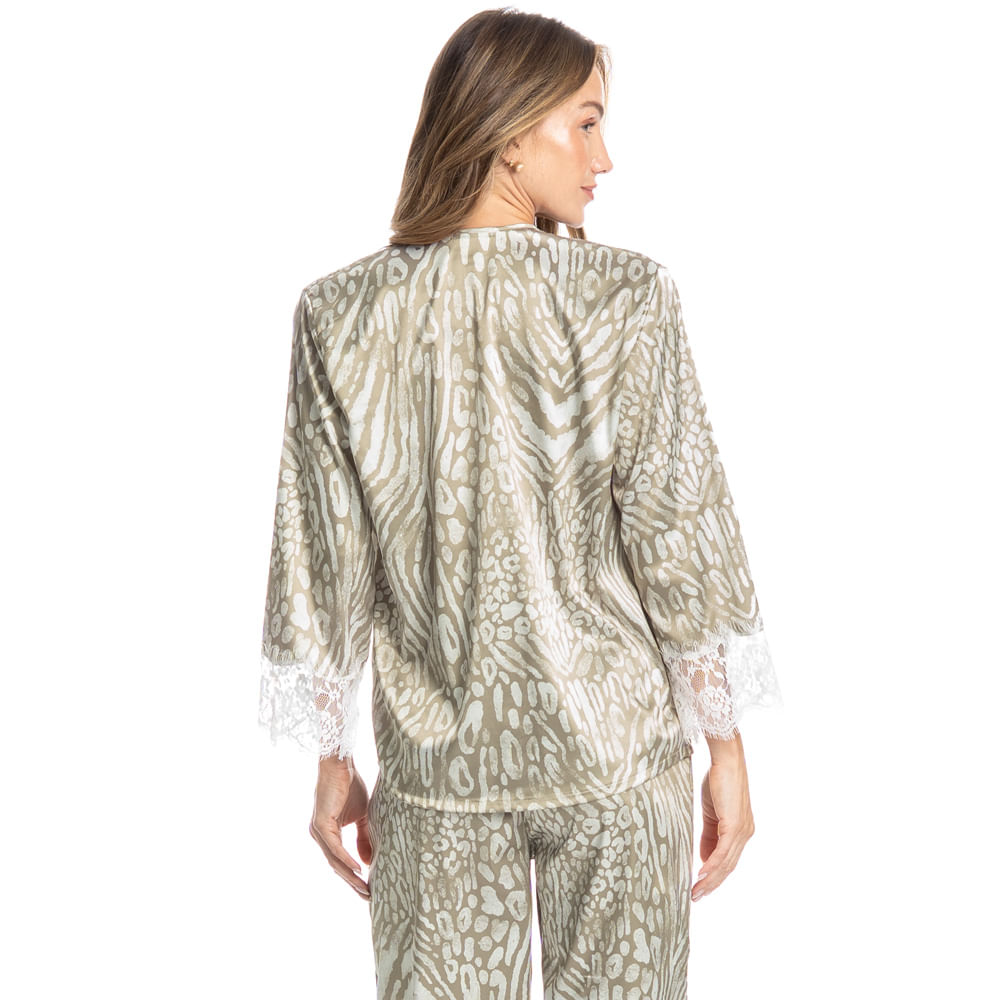 Pijama Feminino Longo Americano Com Renda Leona Verde - Imagem 2