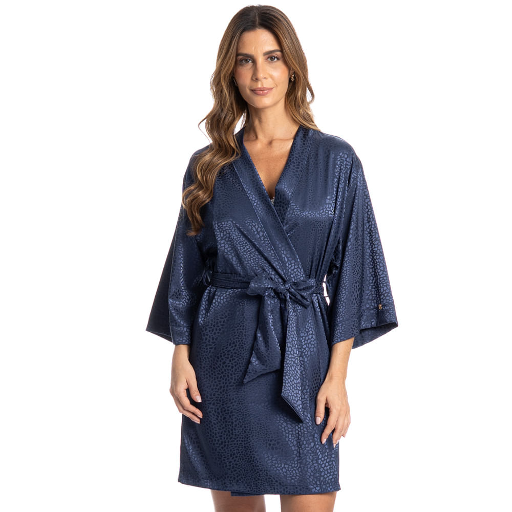 Robe Feminino Curto Em Cetim Marina Azul-marinho - Imagem 1