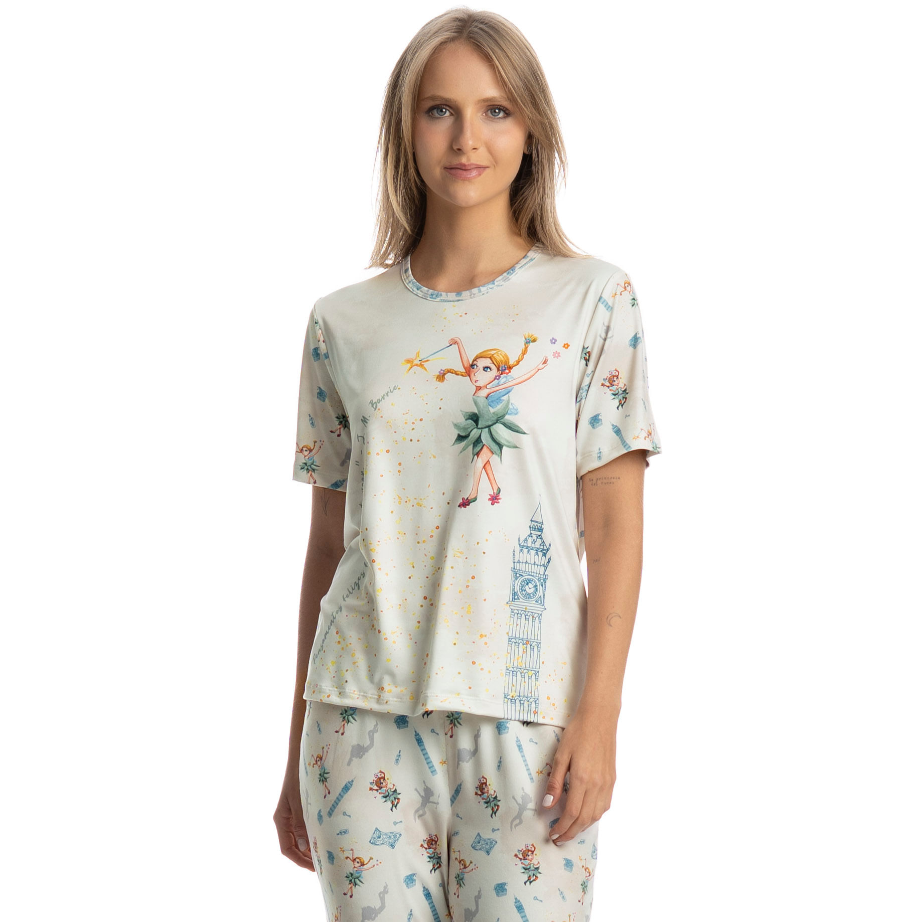 Pijama Longo Manga Curta Sininho Branco - Imagem 1