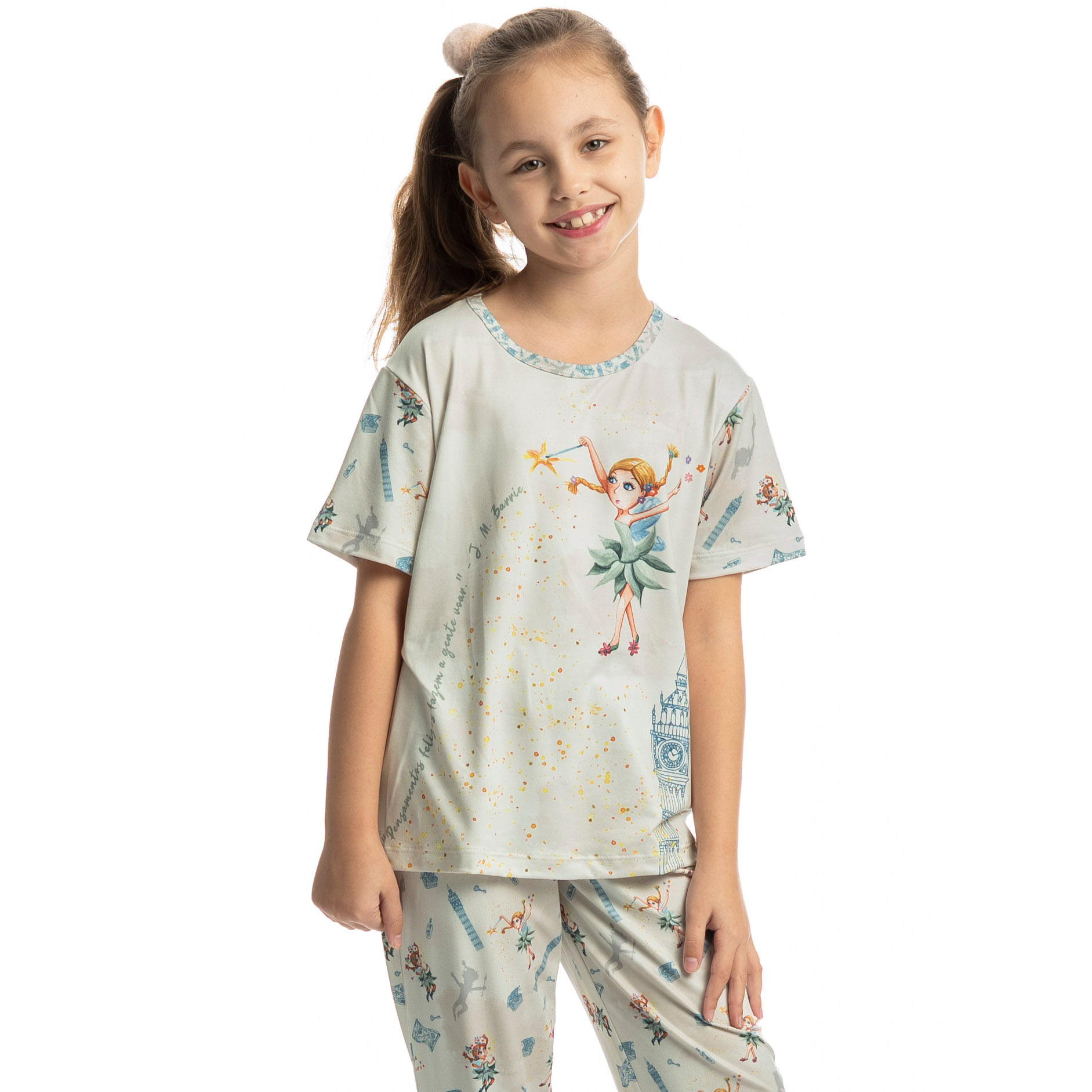 Pijama Longo Infantil Manga Curta Sininho Branco - Imagem 1