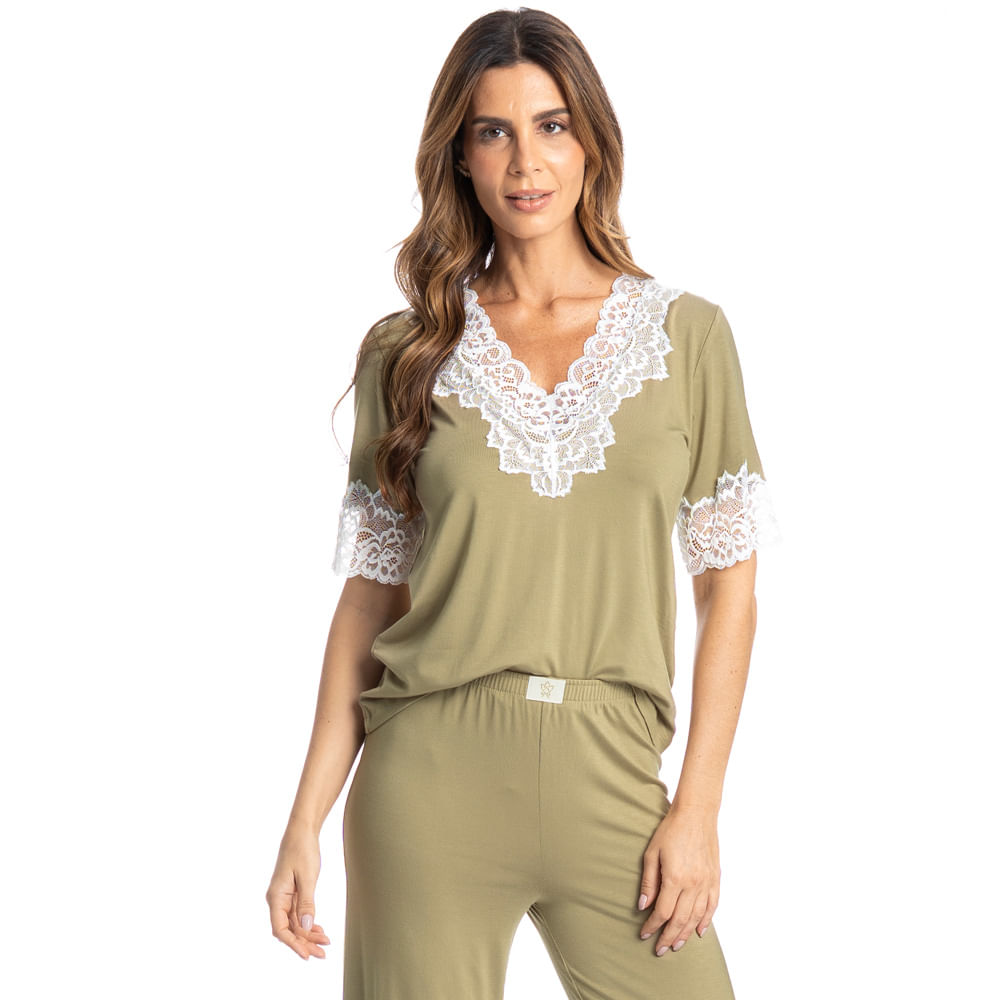 Pijama Feminino Capri Com Renda Aurora Verde - Imagem 1