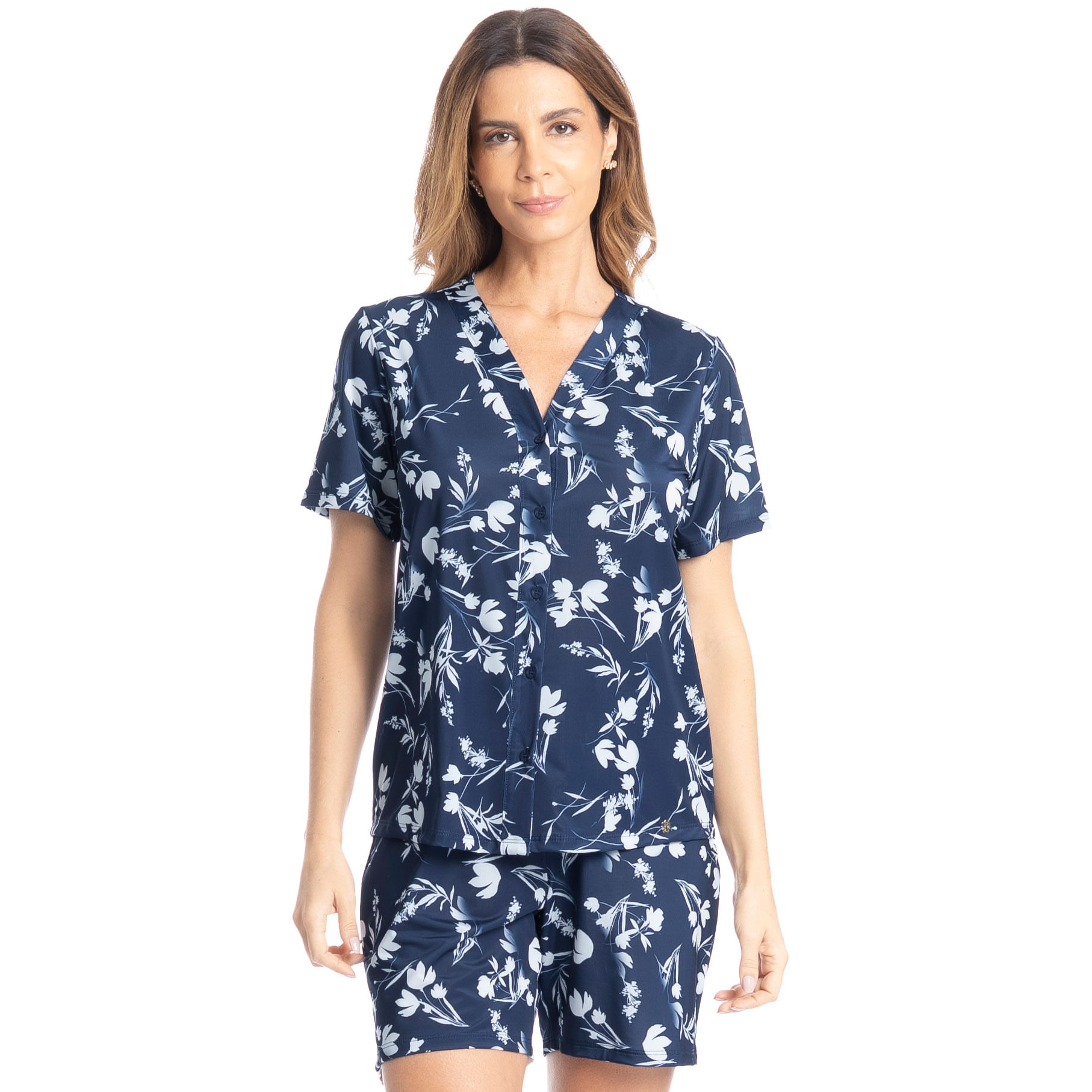 Pijama Feminino Shortão Americano Joana Azul-marinho - Imagem 1