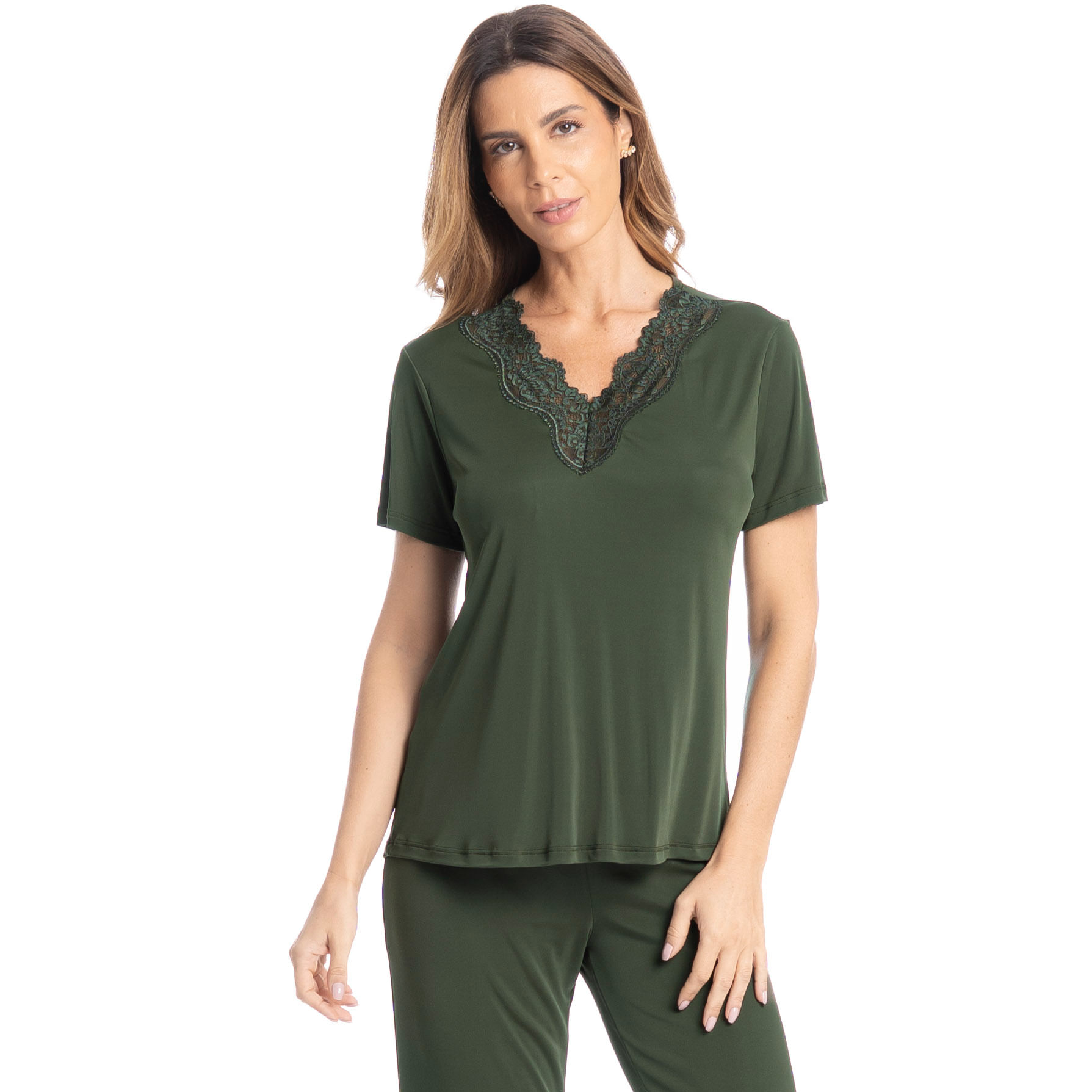 Pijama Feminino Pescador Com Renda Amanda Verde - Imagem 1