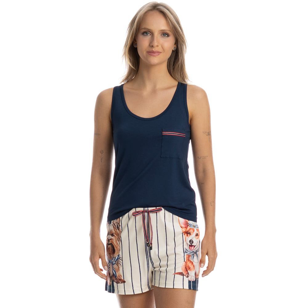 Pijama Feminino Curto Regata Com Bolso Sailor Dogs Azul-marinho - Imagem 1