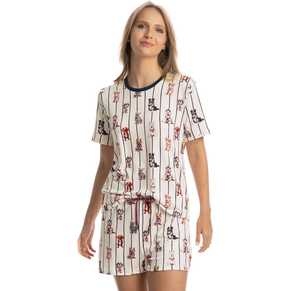 Pijama Curto Feminino Sailor Dogs Azul-marinho - Imagem 1