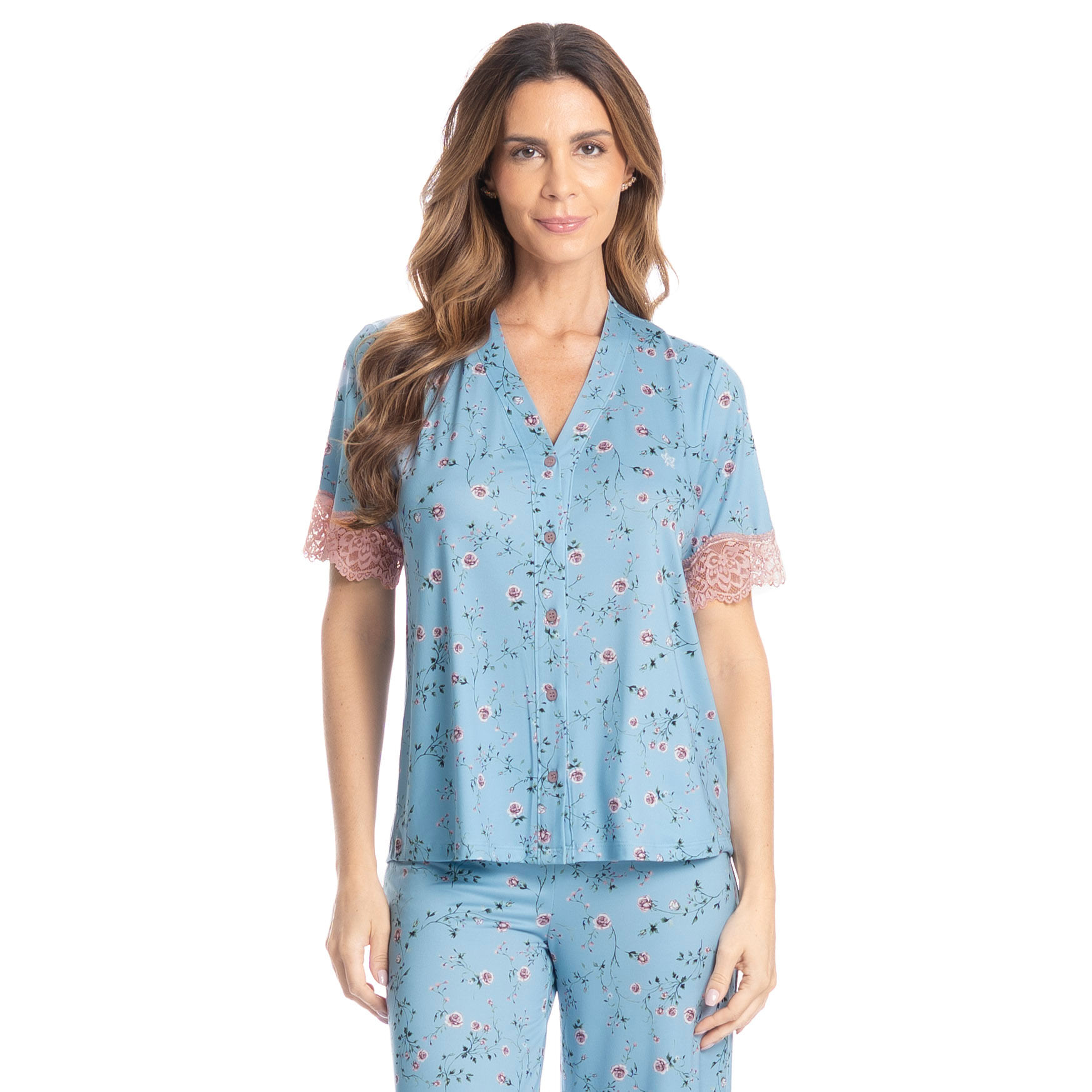 Pijama Feminino Americano Capri Rosa Azul - Imagem 1
