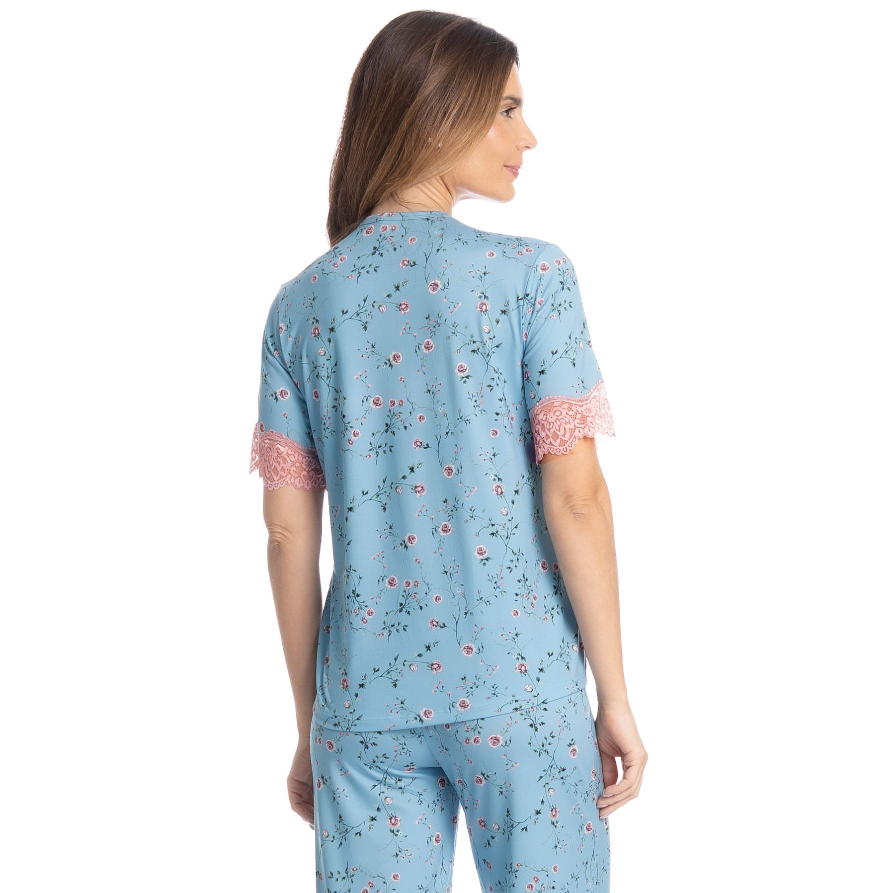 Pijama Feminino Americano Capri Rosa Azul - Imagem 2