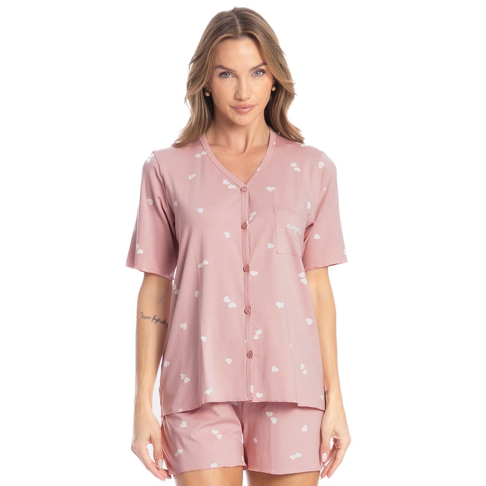 Pijama Feminino Curto Americano Amore Rosa-3 - Imagem 1