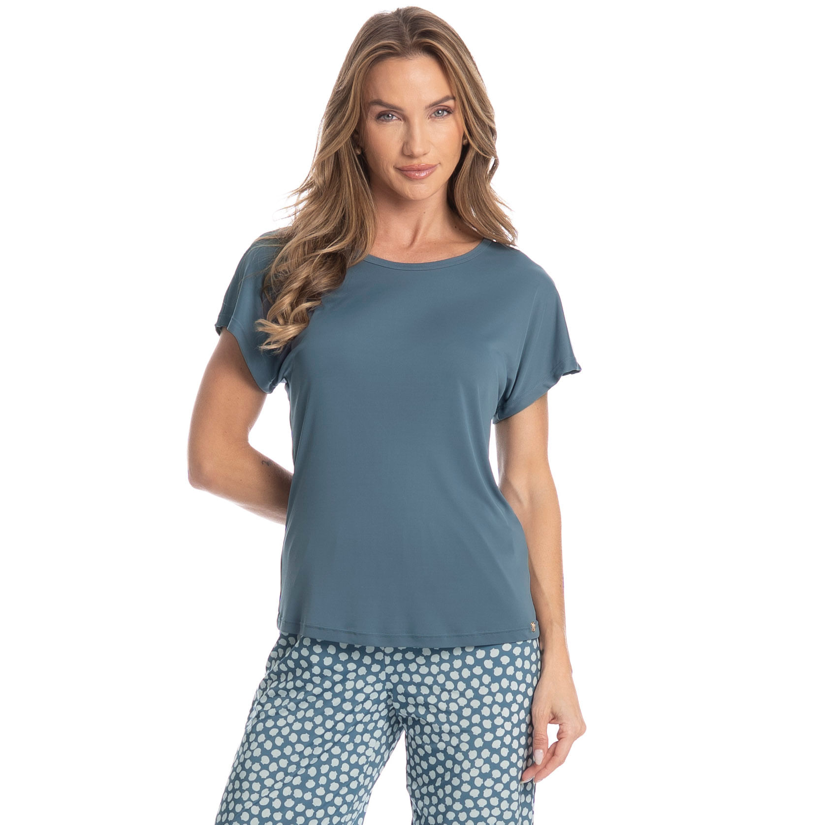 Pijama Feminino Longo Manga Curta Oceano Azul-2 - Imagem 1