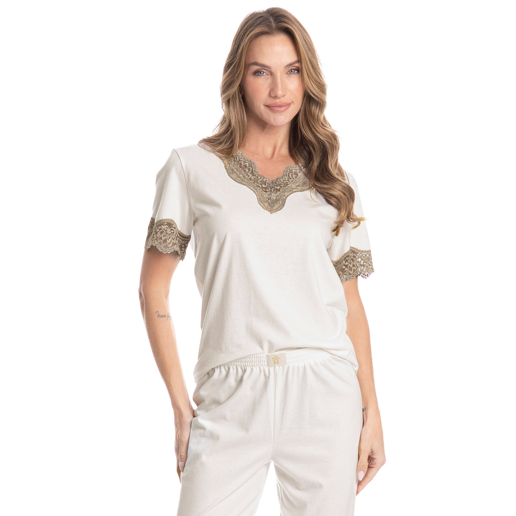 Pijama Feminino Pescador Com Renda Bela Branco - Imagem 1