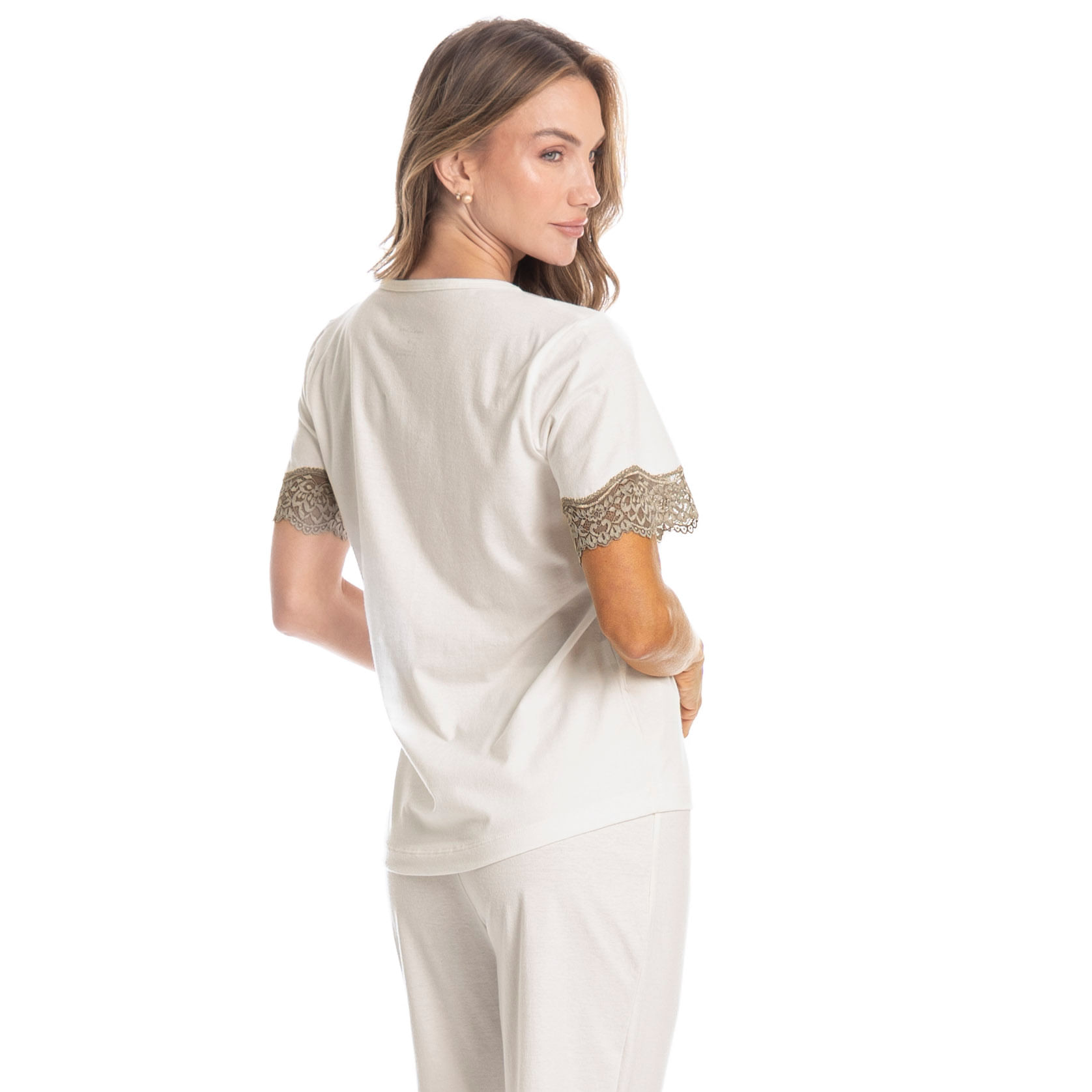 Pijama Feminino Pescador Com Renda Bela Branco - Imagem 2