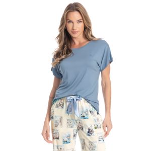 Pijama Feminino Longo Manga Curta Postais