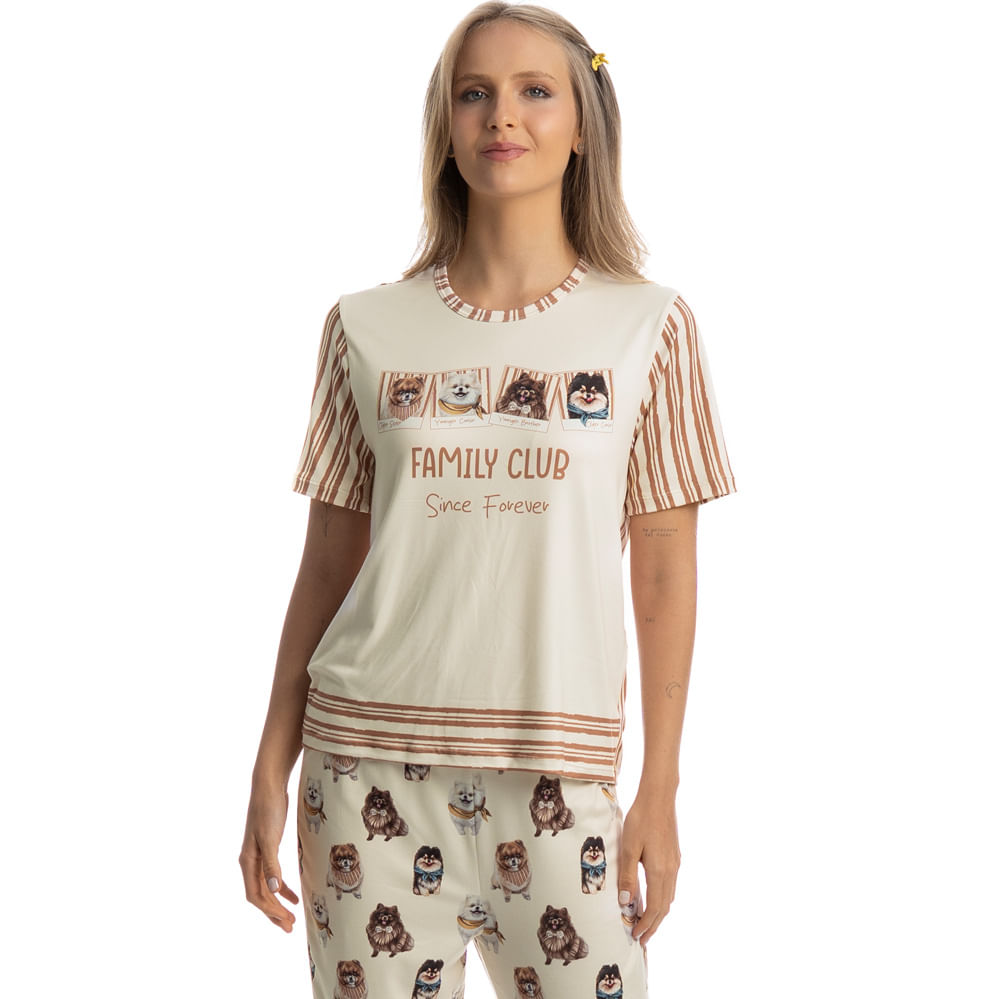 Pijama Feminino Longo Manga Curta Moka Branco - Imagem 1