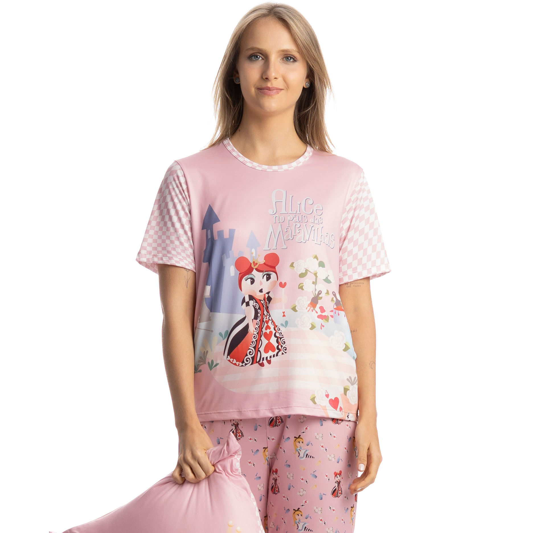 Pijama Feminino Longo Manga Curta Alice Rosa-3 - Imagem 1