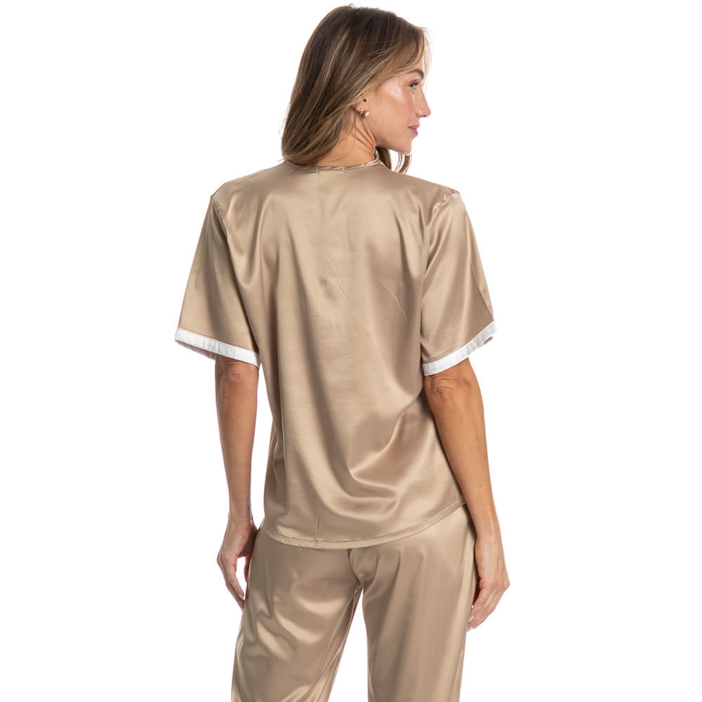 Pijama Feminino Longo Americano Em Cetim Siena Bege - Imagem 2