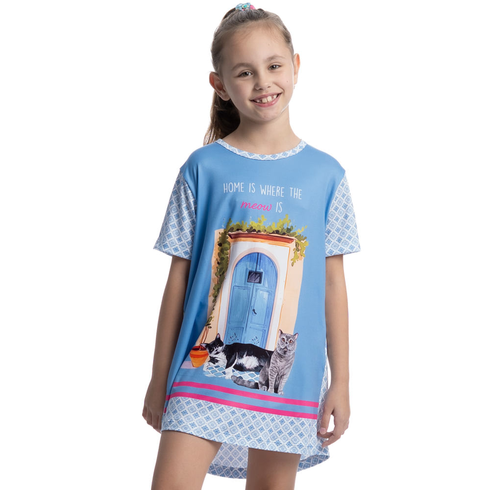 Camisão Curto Infantil Cats Azul-2 - Imagem 1