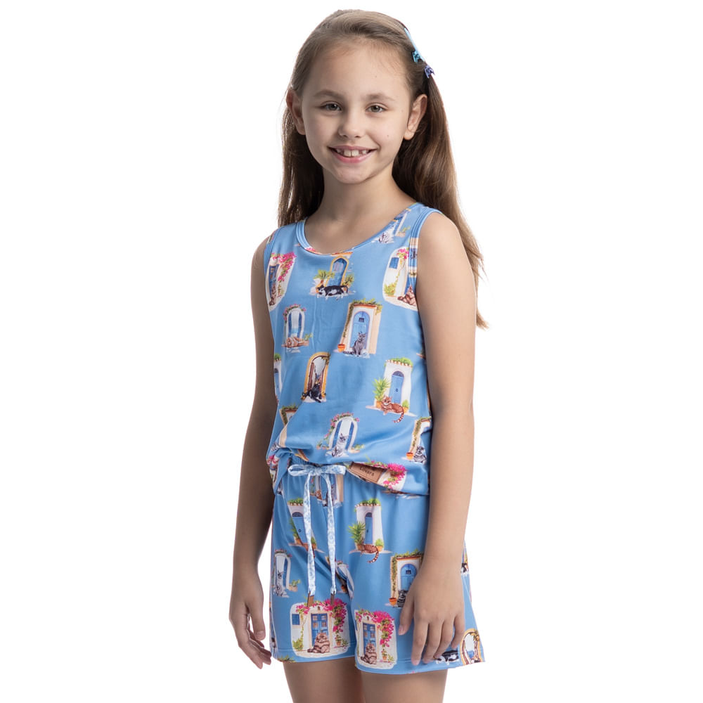 Pijama Infantil Curto Regata Cats Azul-2 - Imagem 1