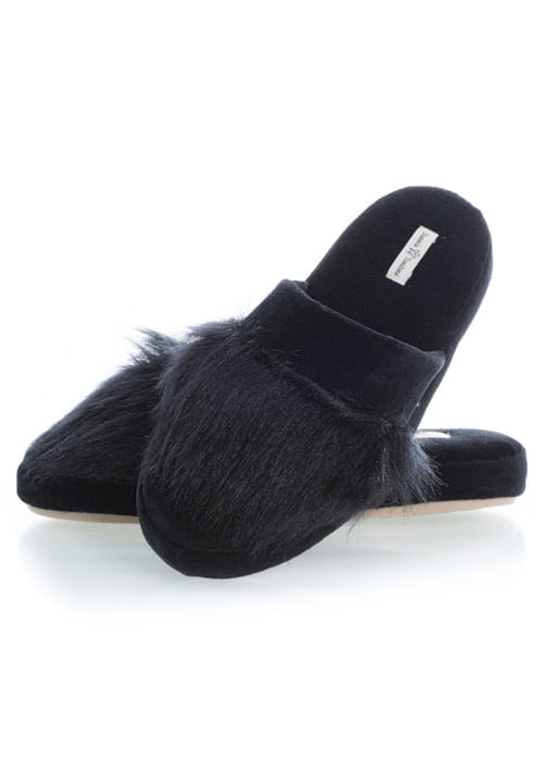 Chinelo Feminino Em Plush Com Pelo Marina Preto - Imagem 1