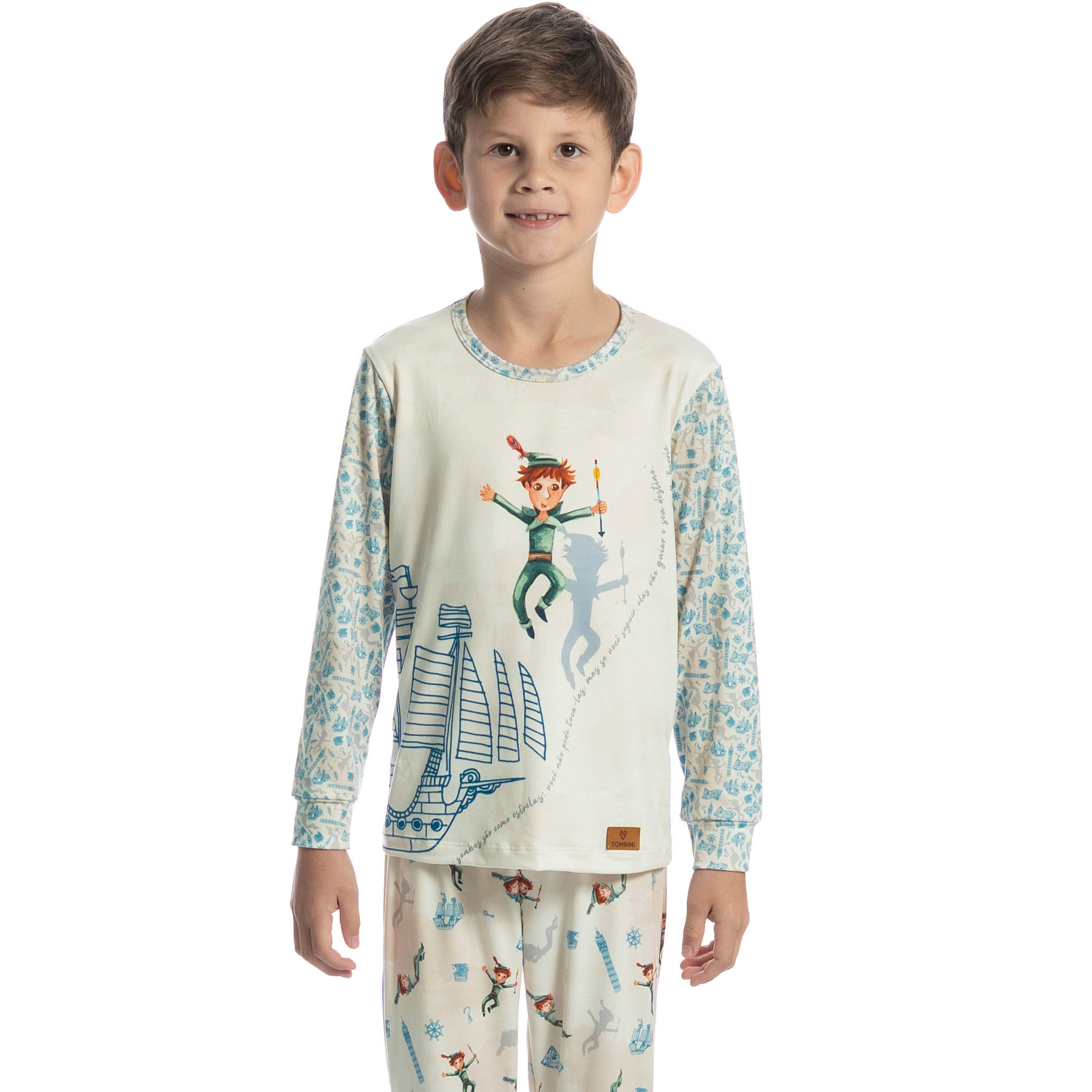 Pijama Infantil Longo Com Punho Peter Pan Branco - Imagem 1