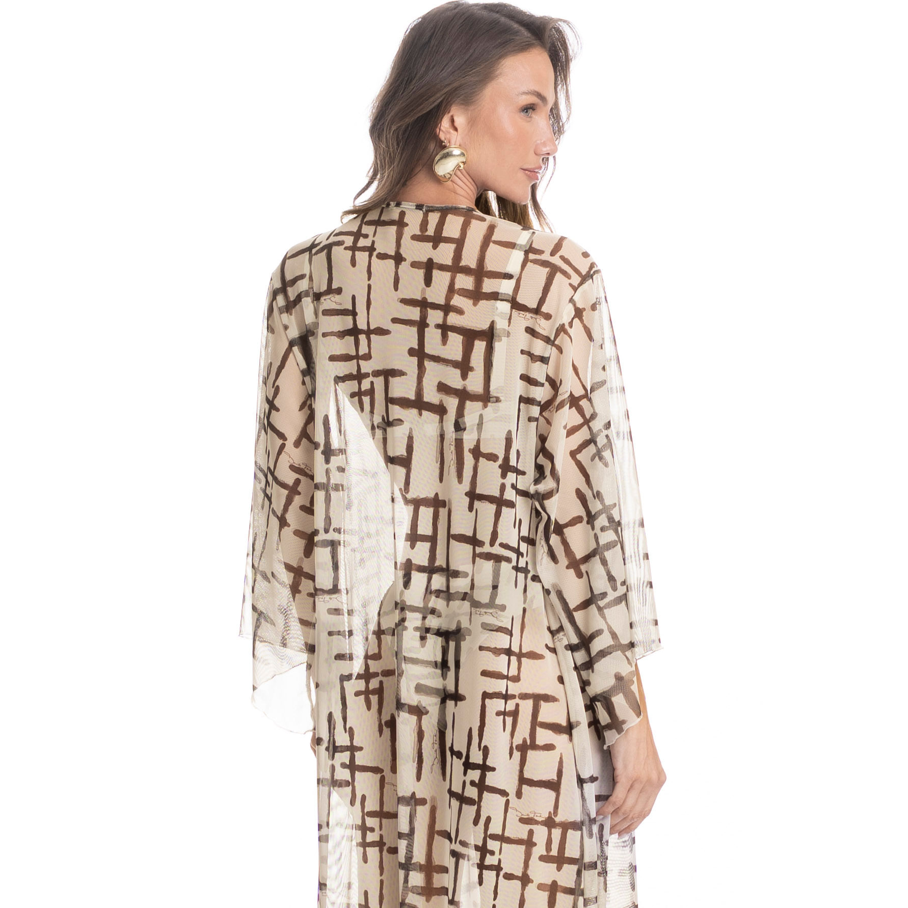 Kaftan De Tule Com Manga Xadrez Branco - Imagem 2