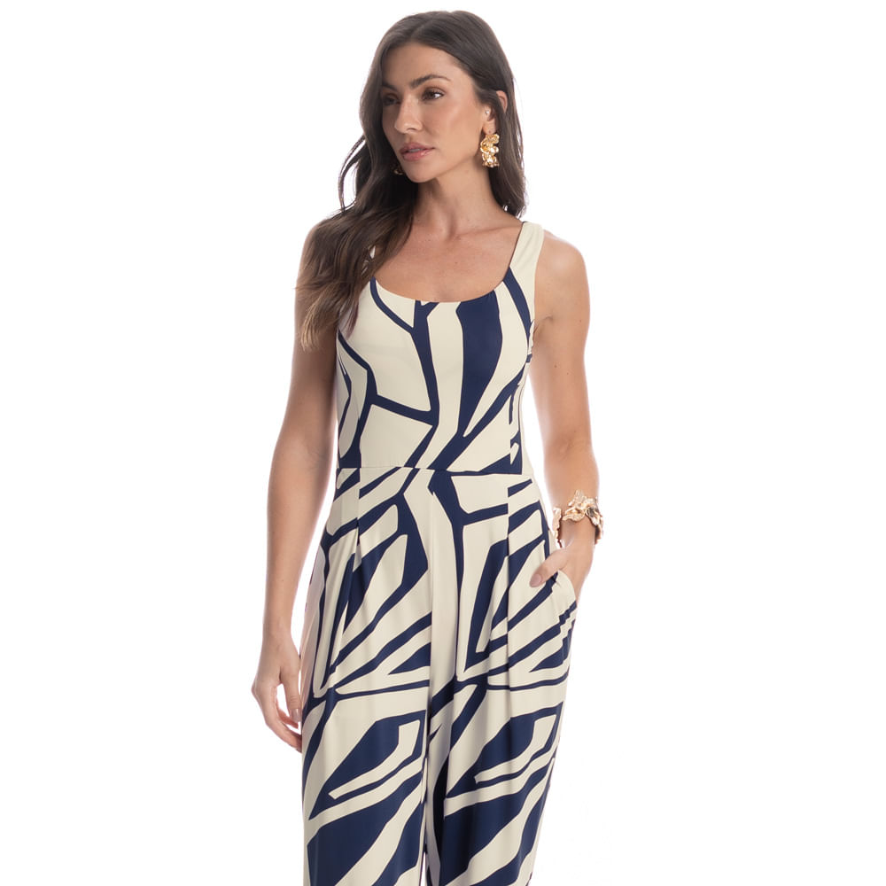 Macacão Estampado Com Bolso Azzurra Azul-marinho - Imagem 1