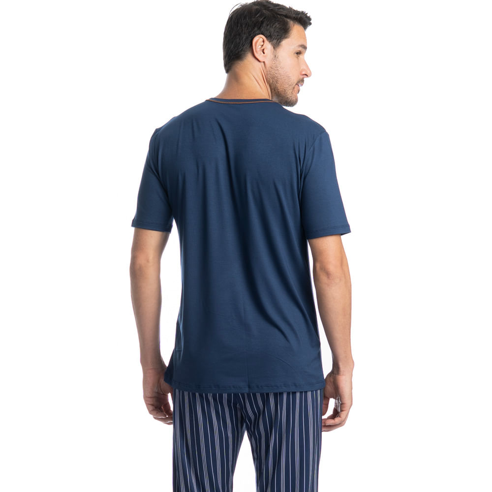 Pijama Longo Manga Curta Stripes Tombini Azul-marinho - Imagem 2