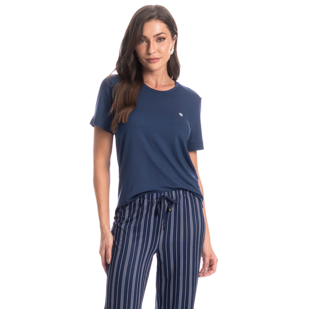 Pijama Feminino Longo Manga Curta Stripes Azul-marinho - Imagem 1