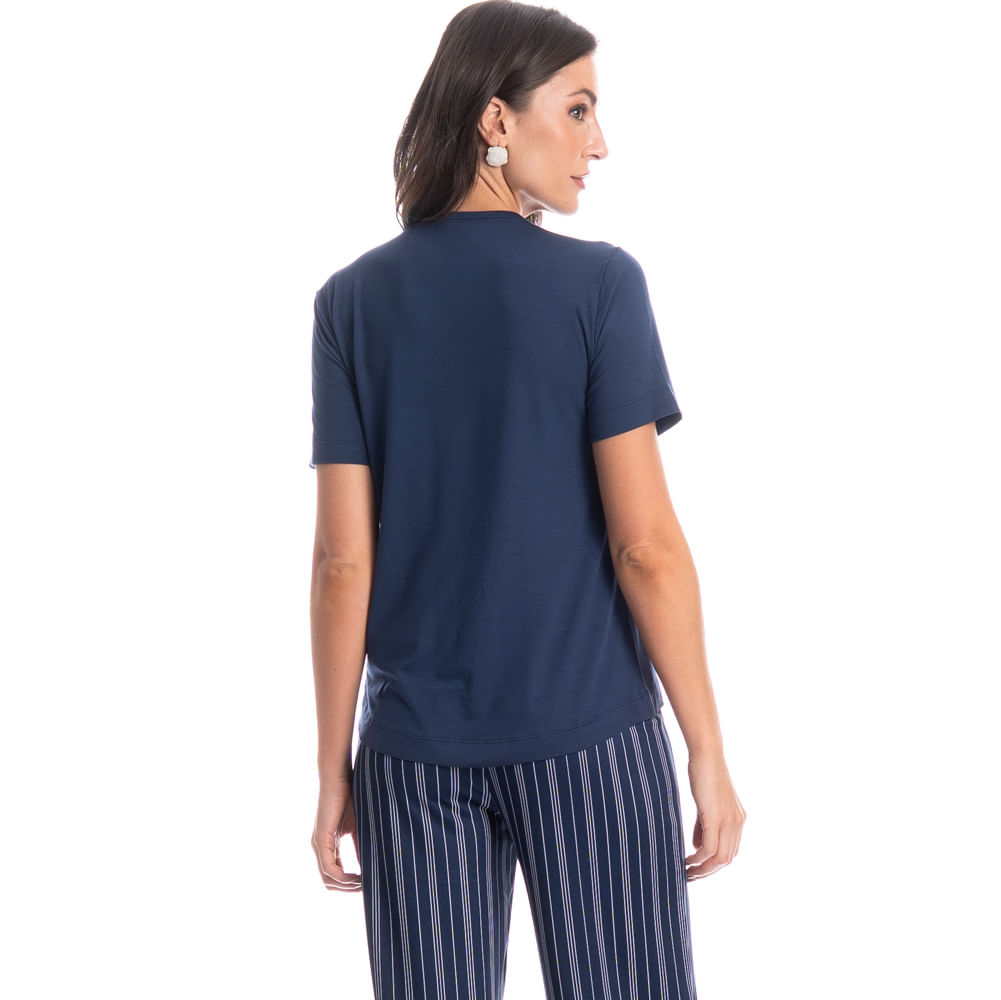 Pijama Feminino Longo Manga Curta Stripes Azul-marinho - Imagem 2