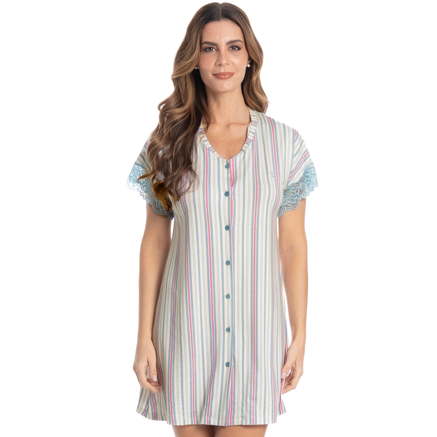 Camisão Curto Abotoado Com Renda Melissa Azul - Imagem 1