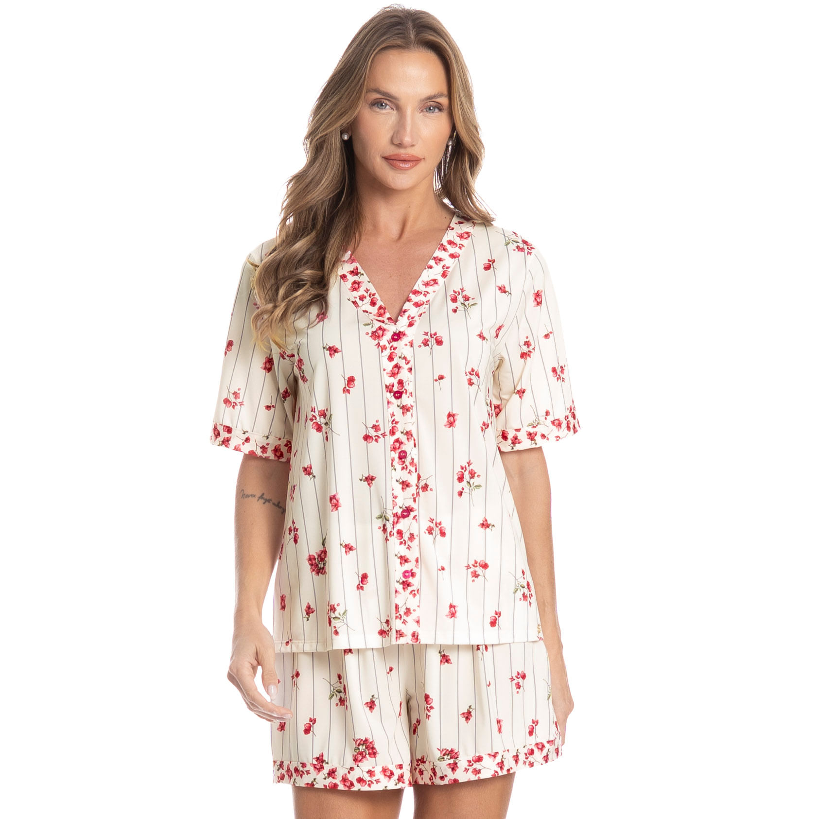 Pijama Feminino Curto Americano Primavera Rosa - Imagem 1