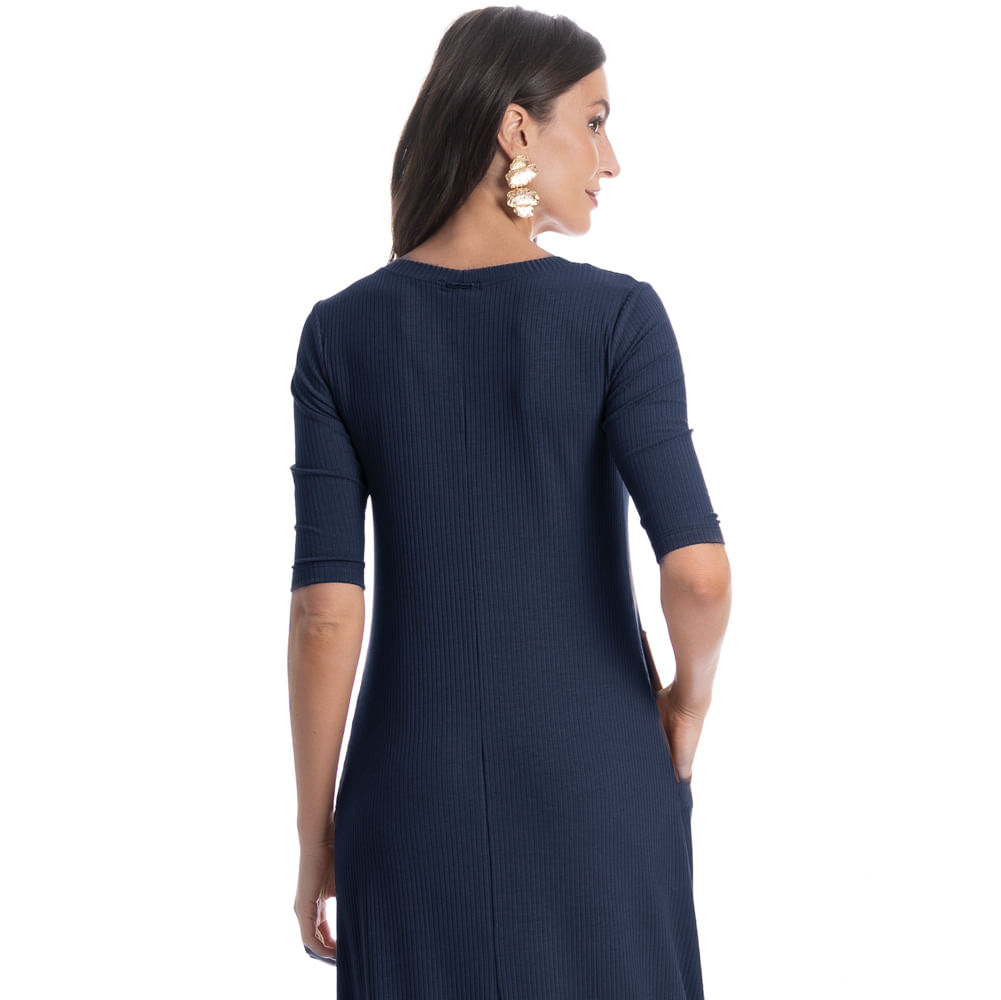 Vestido Manga Curta Canelado Azul-marinho - Imagem 2