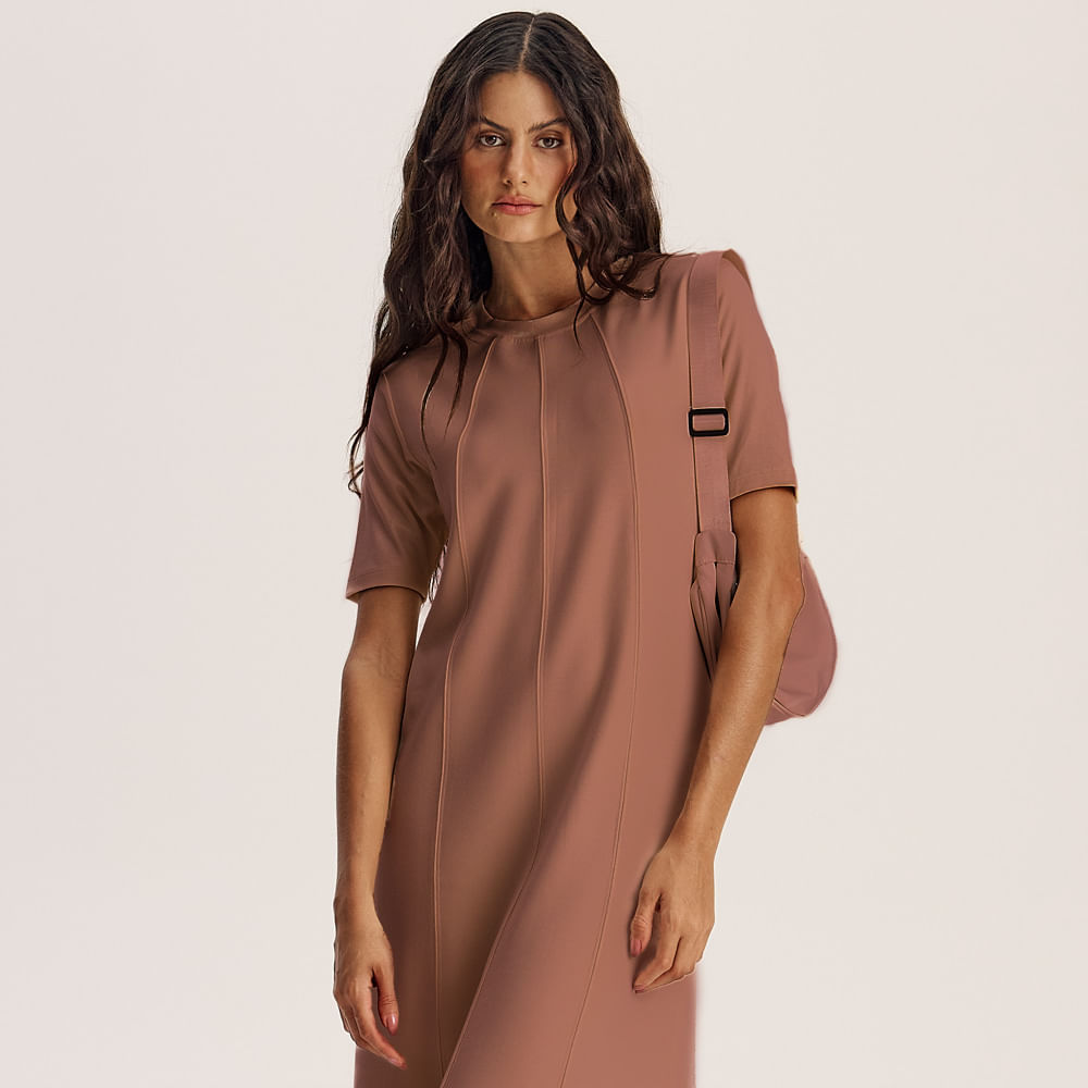 Vestido Com Manga Canelada Neotech Kayla Marrom - Imagem 1