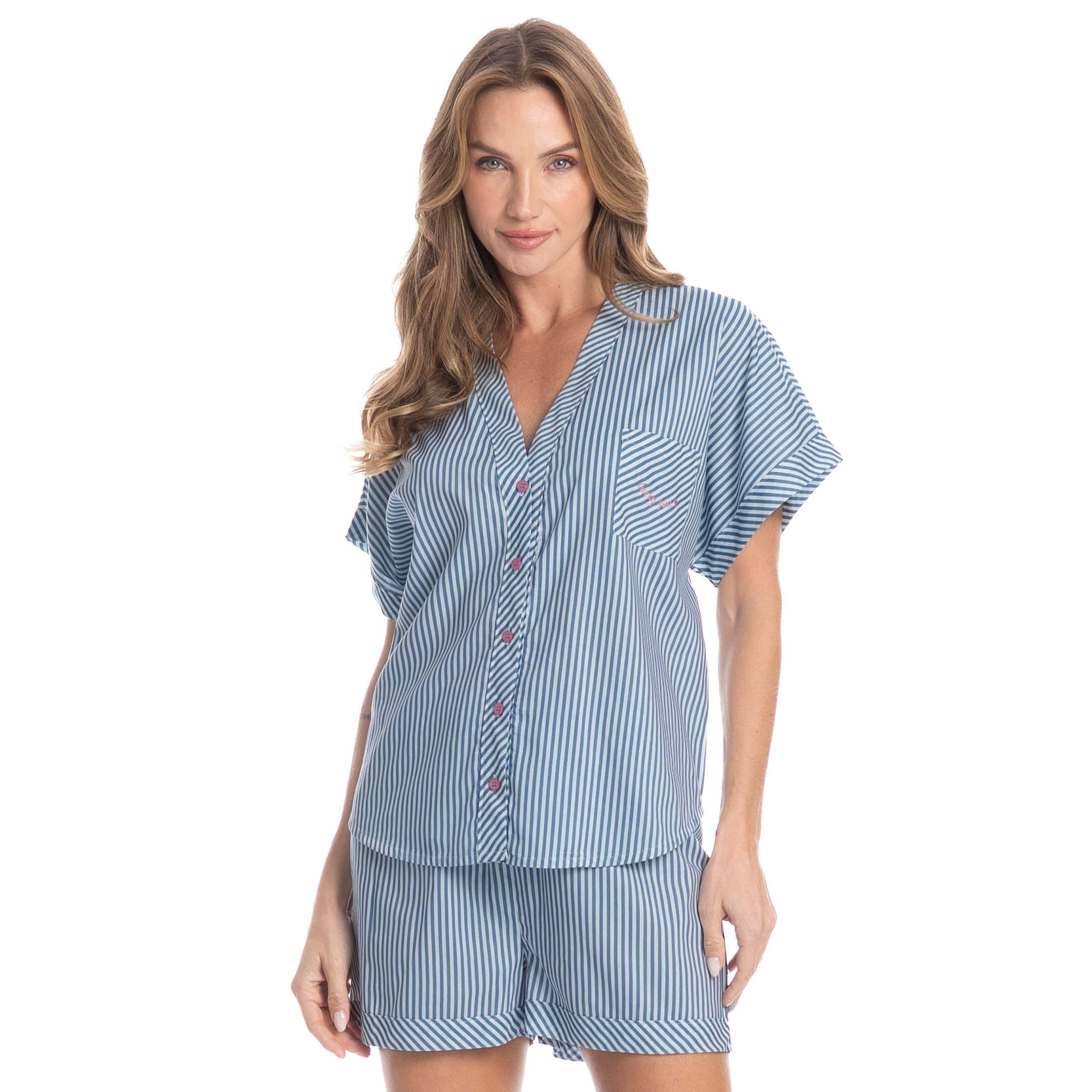 Pijama Feminino Curto Americano Vitória Azul - Imagem 1