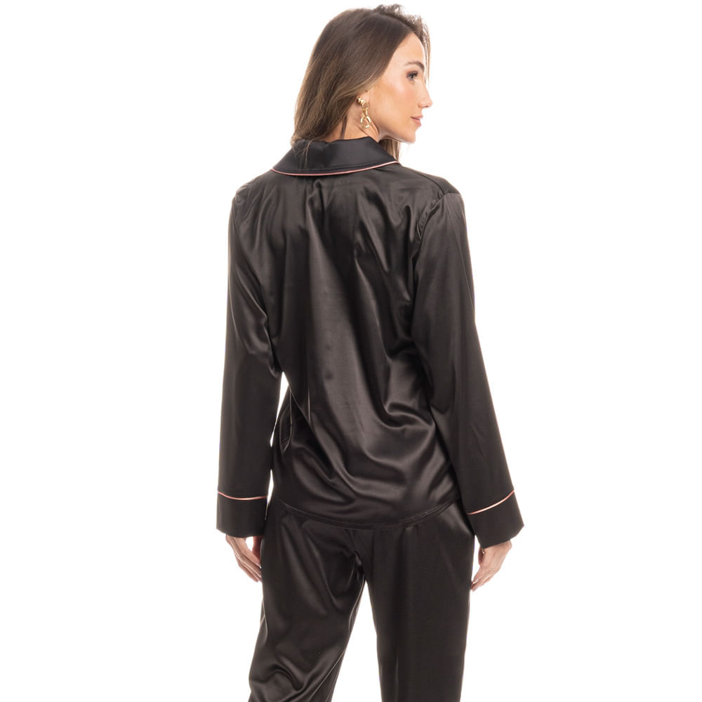 Pijama Feminino Longo Americano Cortiça Preto - Imagem 2