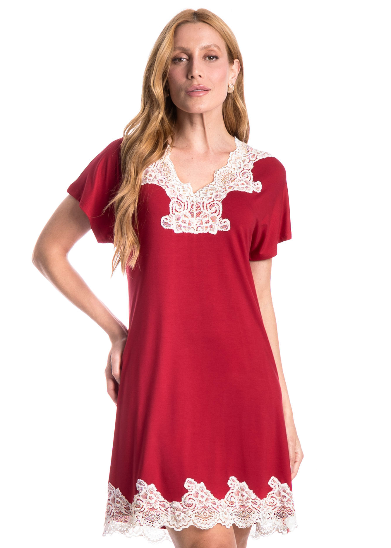 Camisão Curto Com Renda Paula Vermelho - Imagem 1