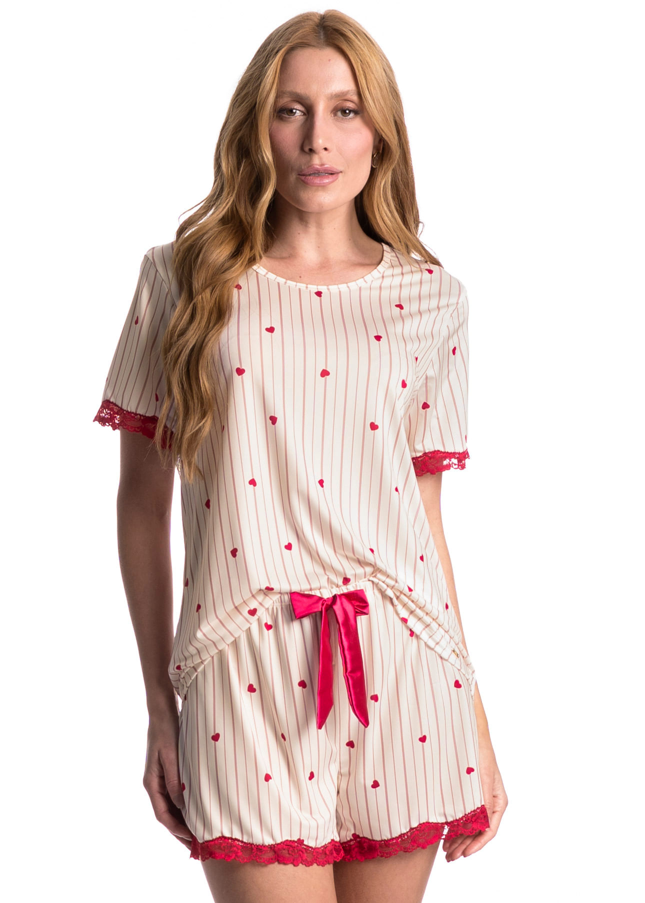 Pijama Curto Com Renda Love Vermelho - Imagem 1