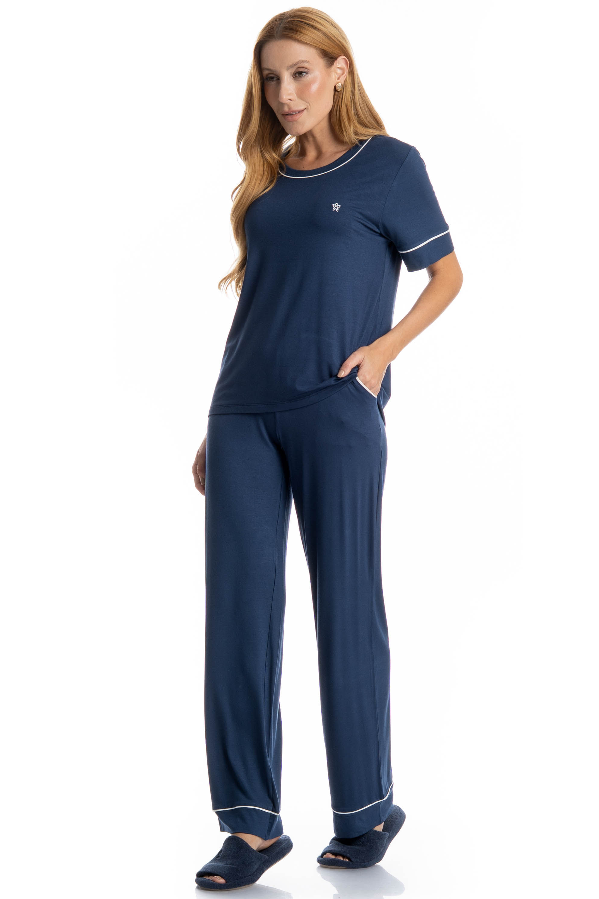 Pijama Longo Com Bolso Manga Curta Lisa Azul-marinho - Imagem 1