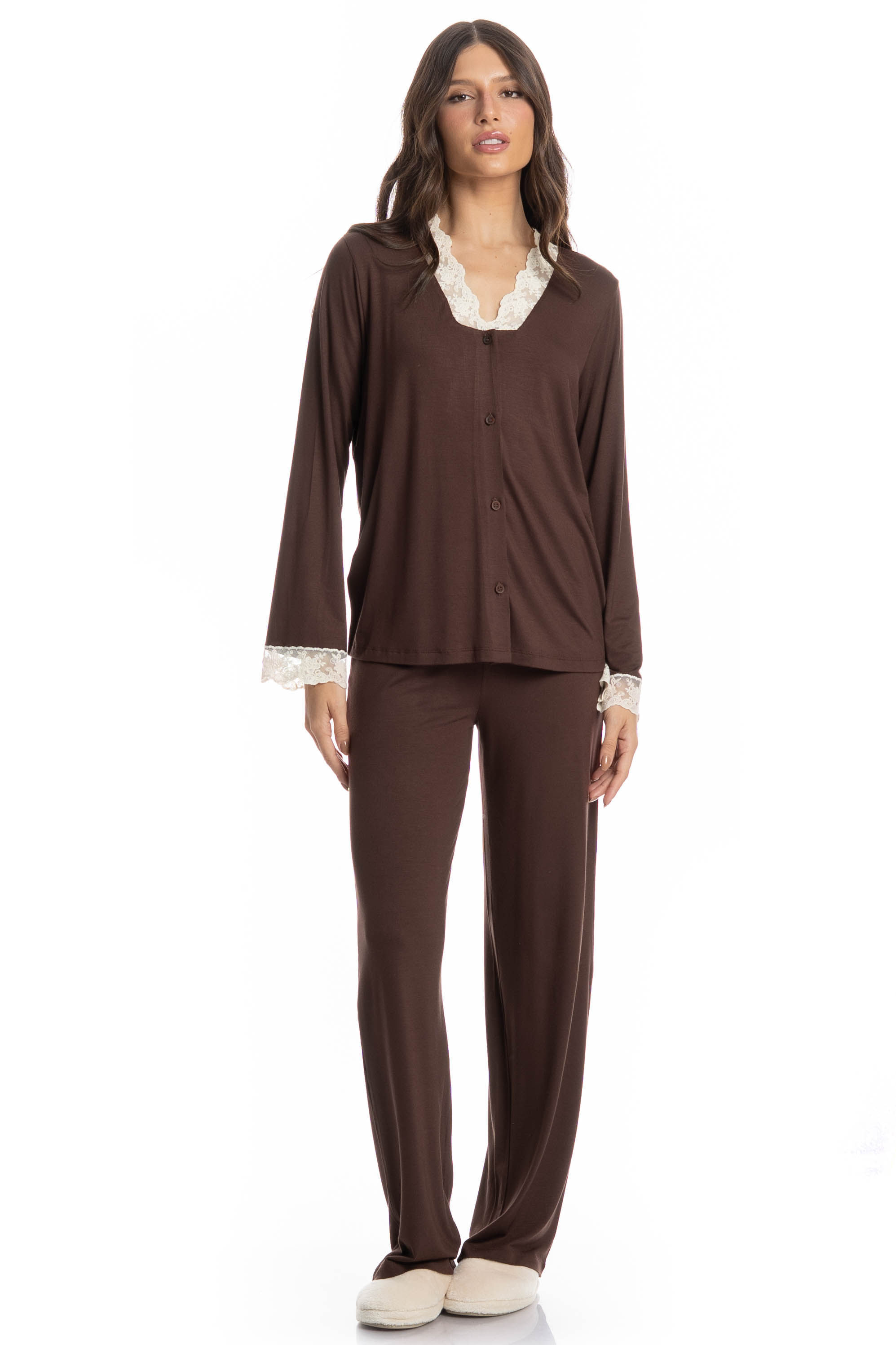 Pijama Longo Americano Sépia Bege - Imagem 1