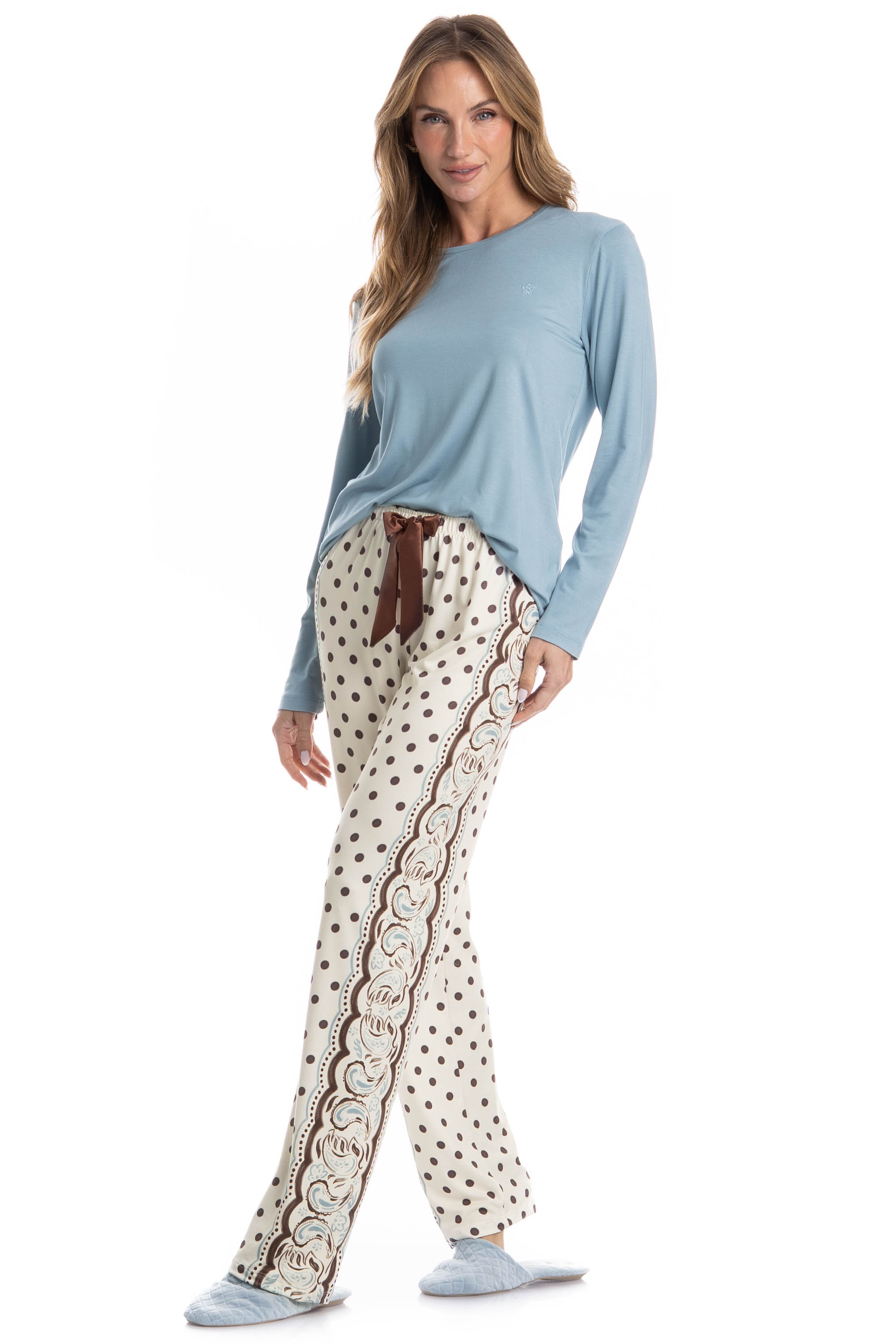 Pijama Feminino Longo Celeste Azul - Imagem 1