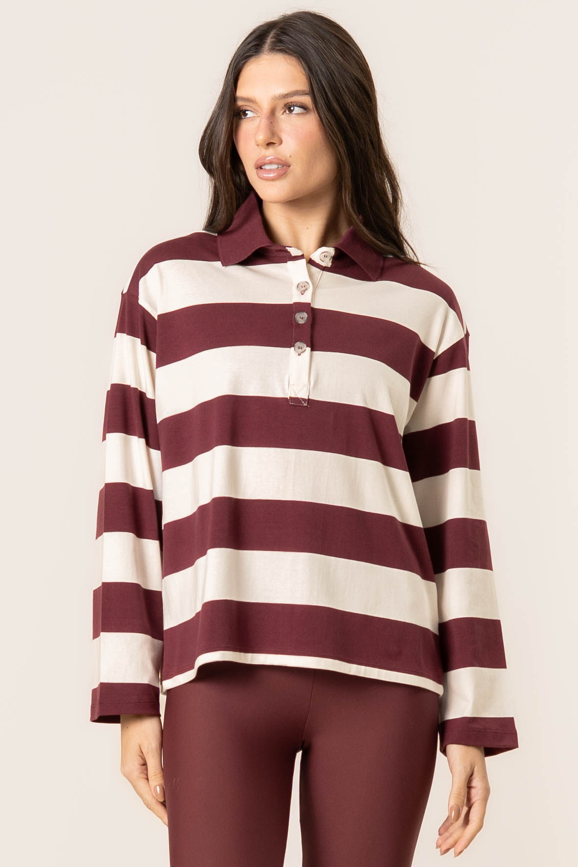 Blusa Manga Longa Polo Stripes Vinho - Imagem 1