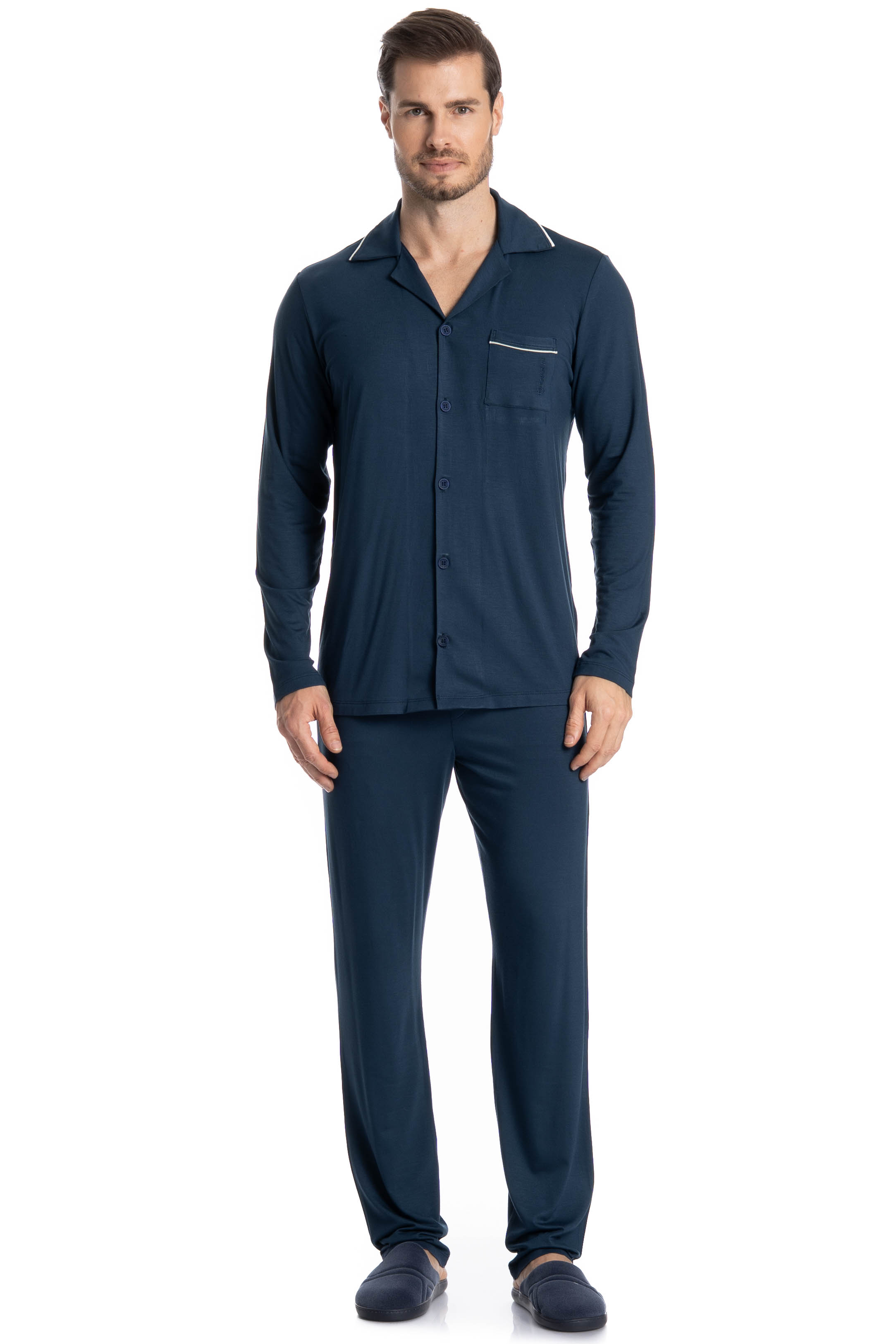Pijama Longo Americano New Romeu Azul-marinho - Imagem 1