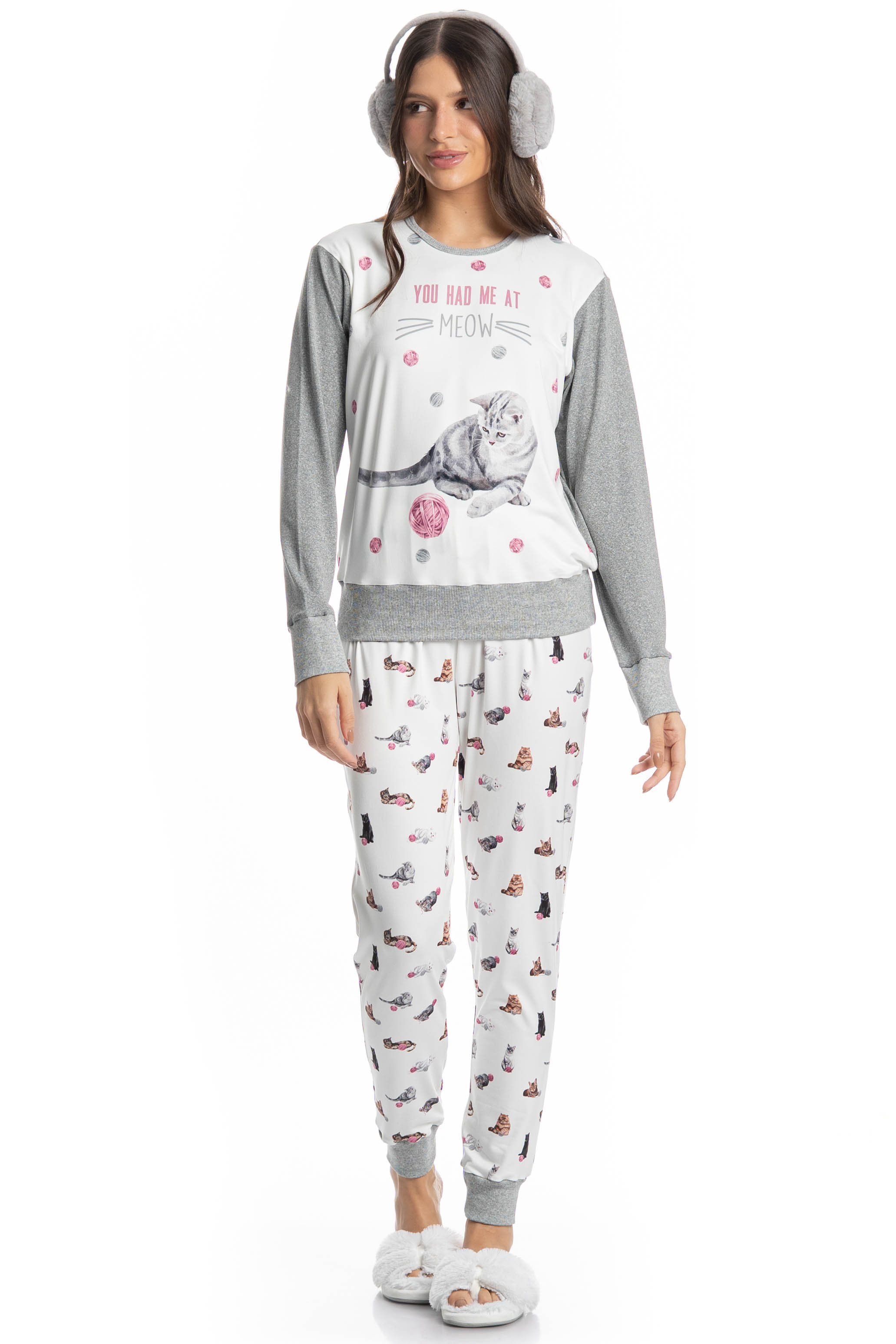 Pijama Feminino Longo Cats Branco - Imagem 1
