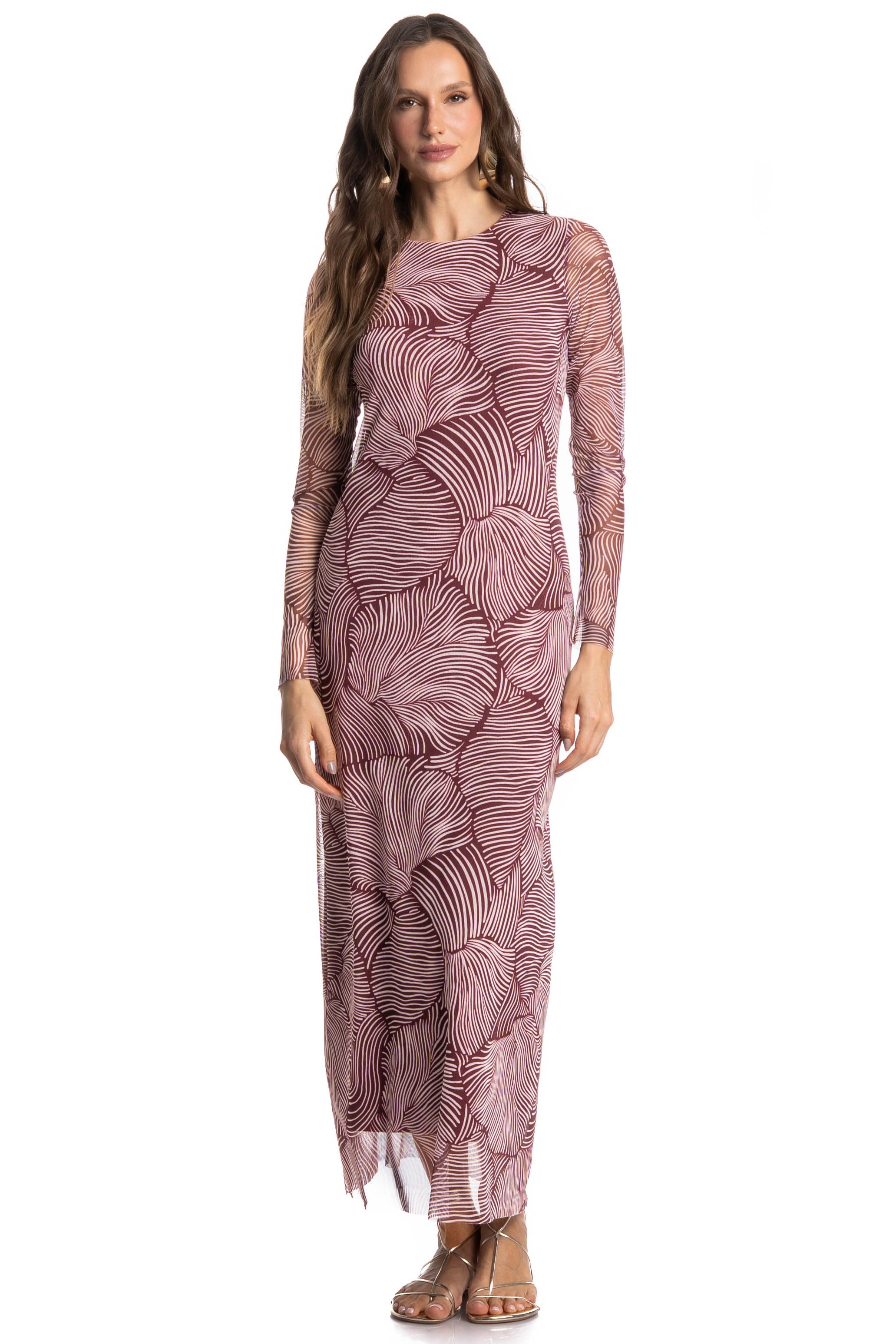 Vestido Manga Longa De Tule Merlot Vinho - Imagem 1