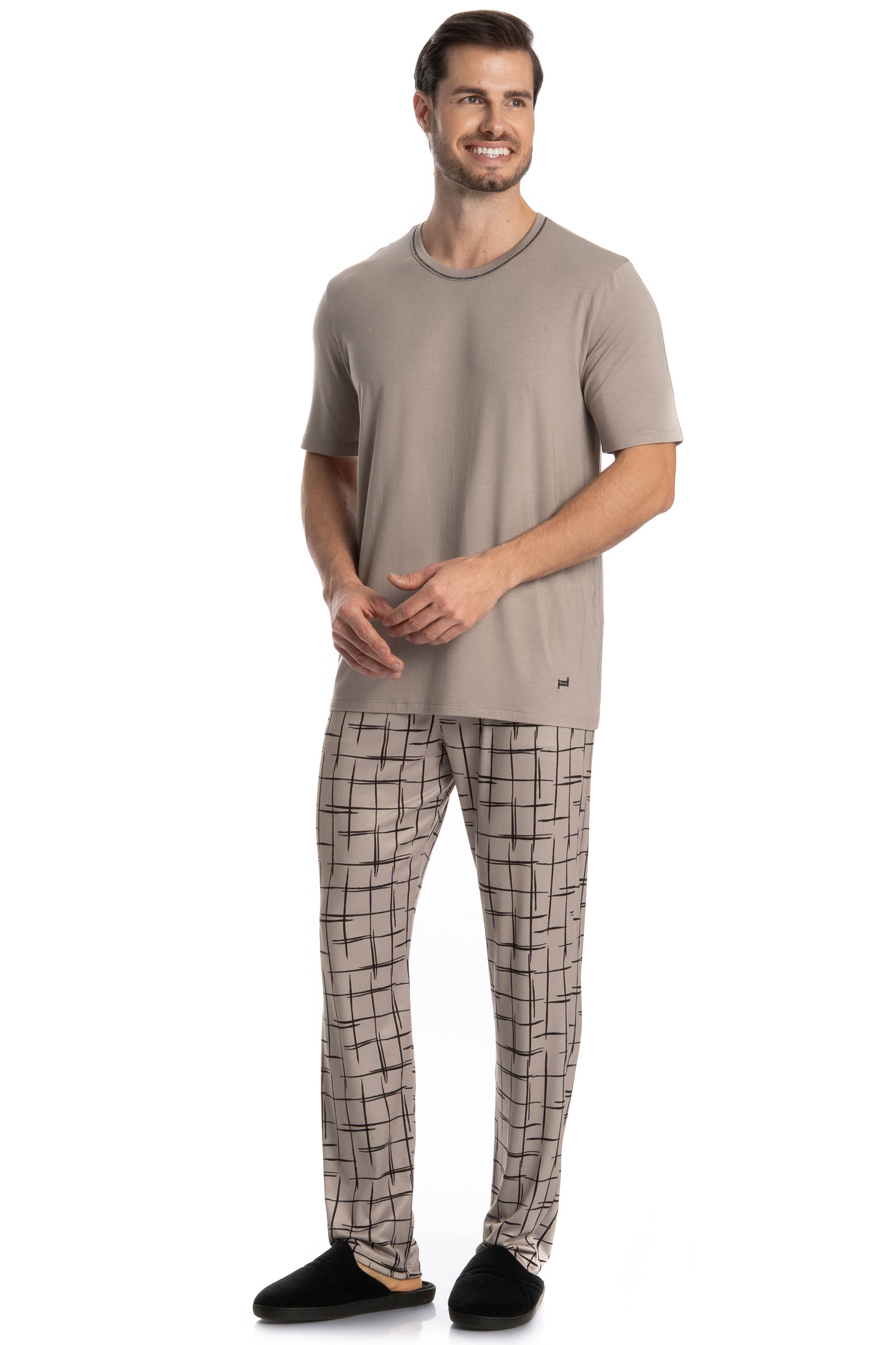 Pijama Longo Manga Curta Felipe Bege - Imagem 1